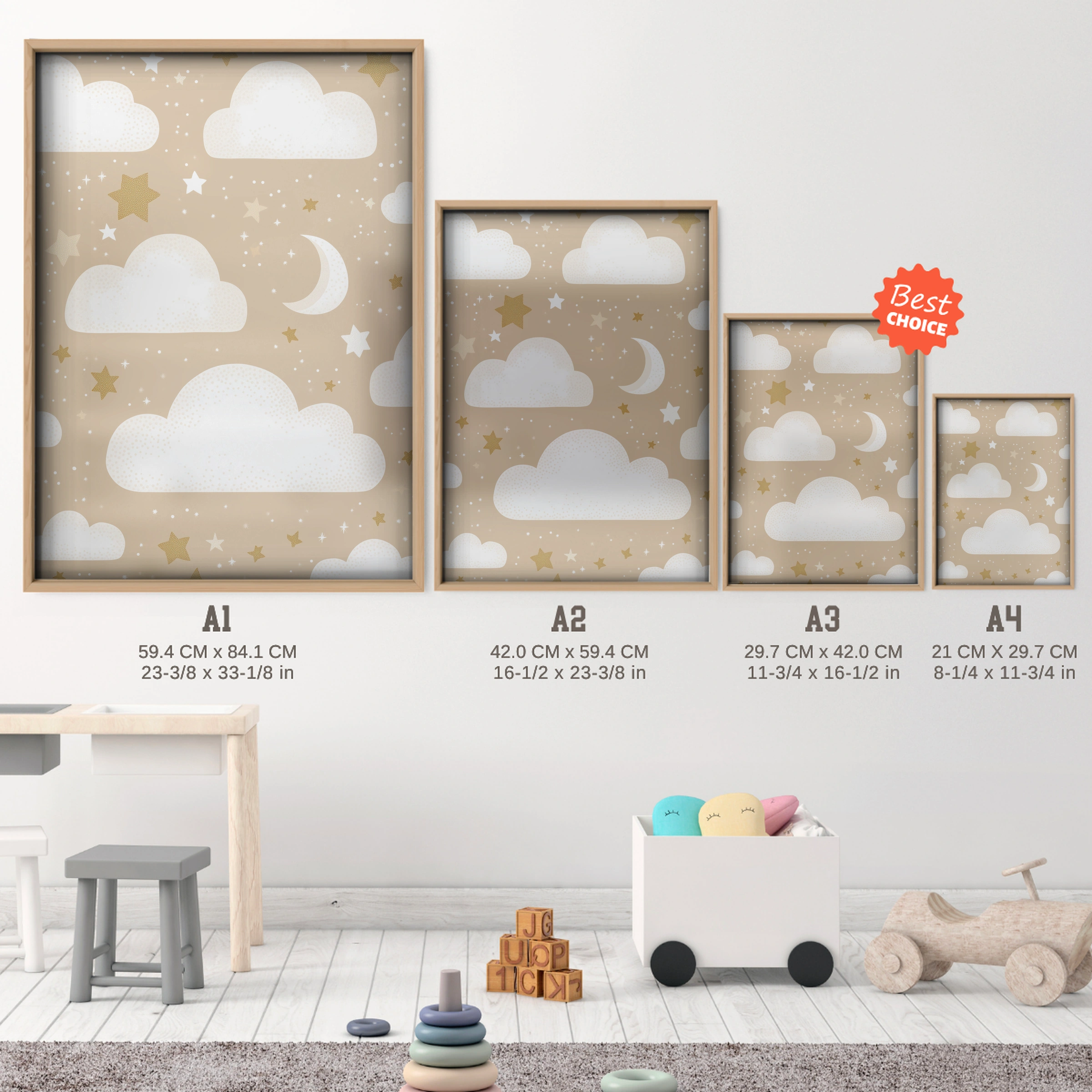 Clouds and Stars Nursery Print - size guide A4 A3 A2 A1 nursery print