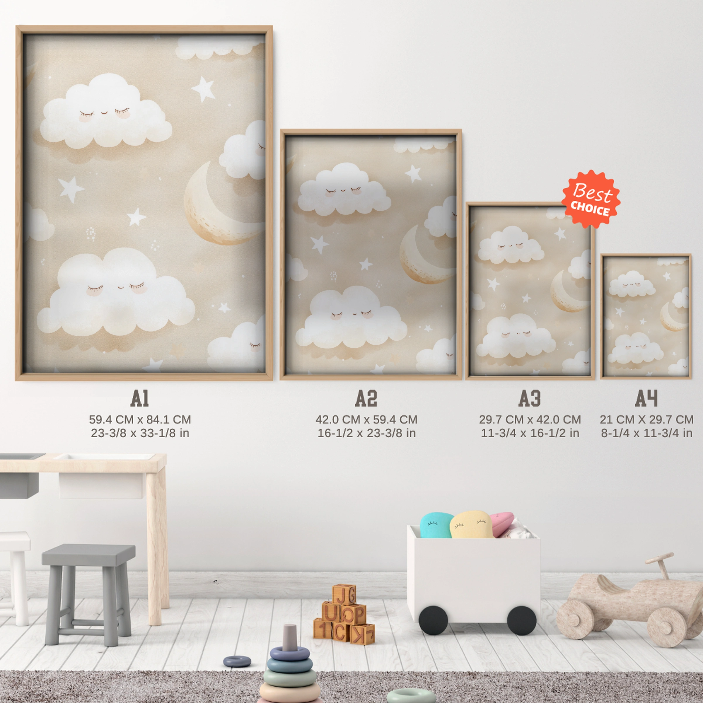 Clouds Moon Stars Nursery Print - size guide A4 A3 A2 A1 nursery print
