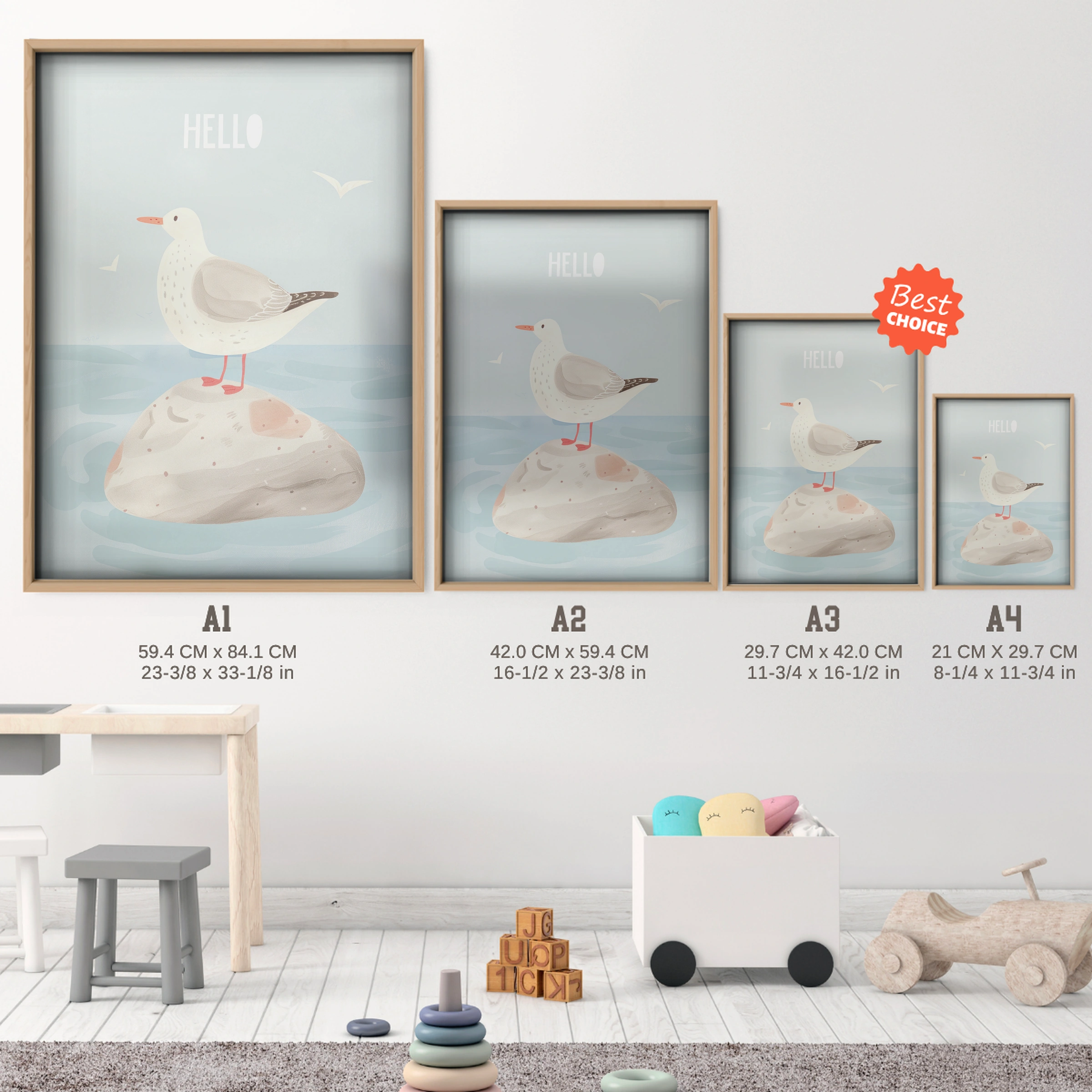 Coastal Seagull Nursery Print - size guide A4 A3 A2 A1 nursery print