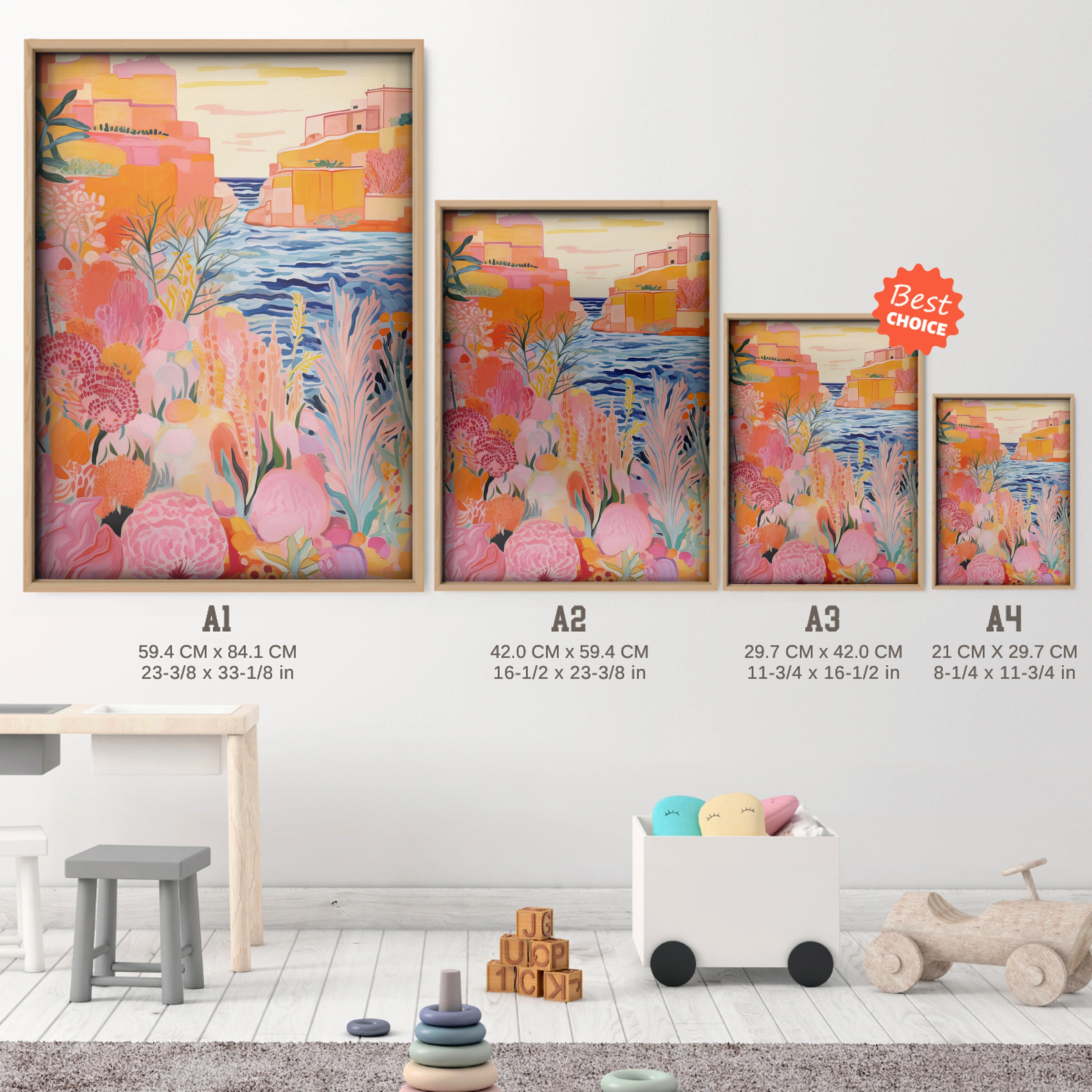 Coastal Town Nursery Print - size guide A4 A3 A2 A1 nursery print