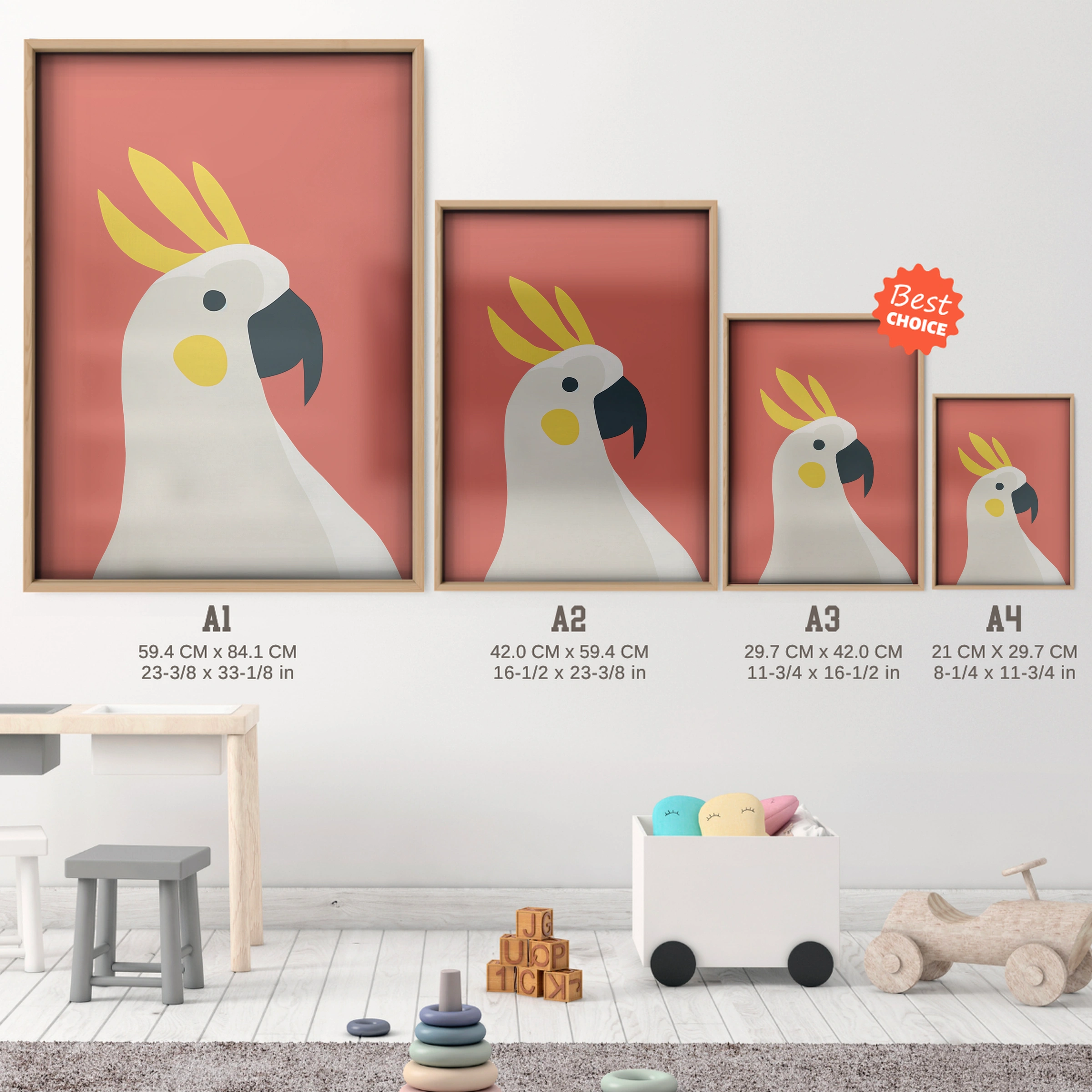 Cockatoo Nursery Print - size guide A4 A3 A2 A1 nursery print