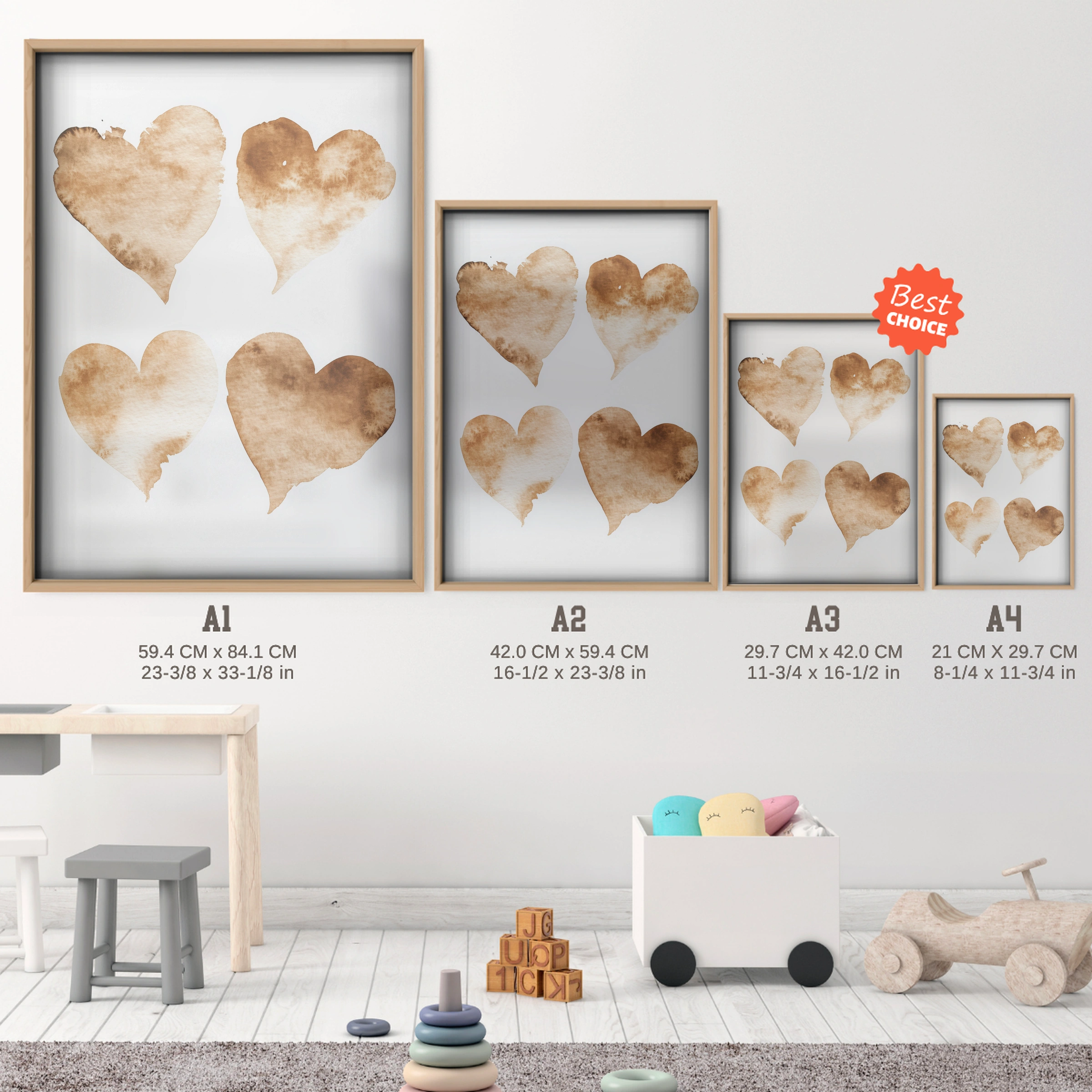 Coffee Hearts Nursery Print - size guide A4 A3 A2 A1 nursery print
