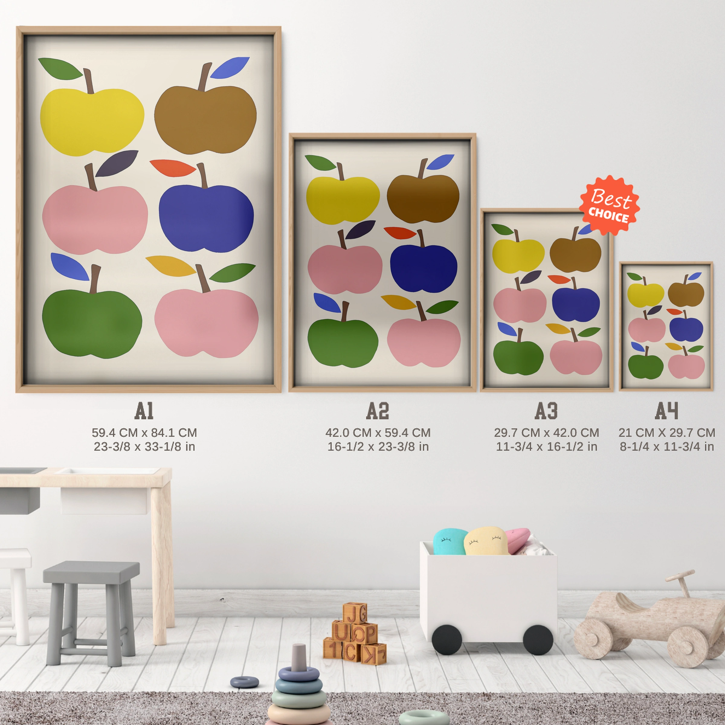 Colourful Apples Nursery Print - size guide A4 A3 A2 A1 nursery print