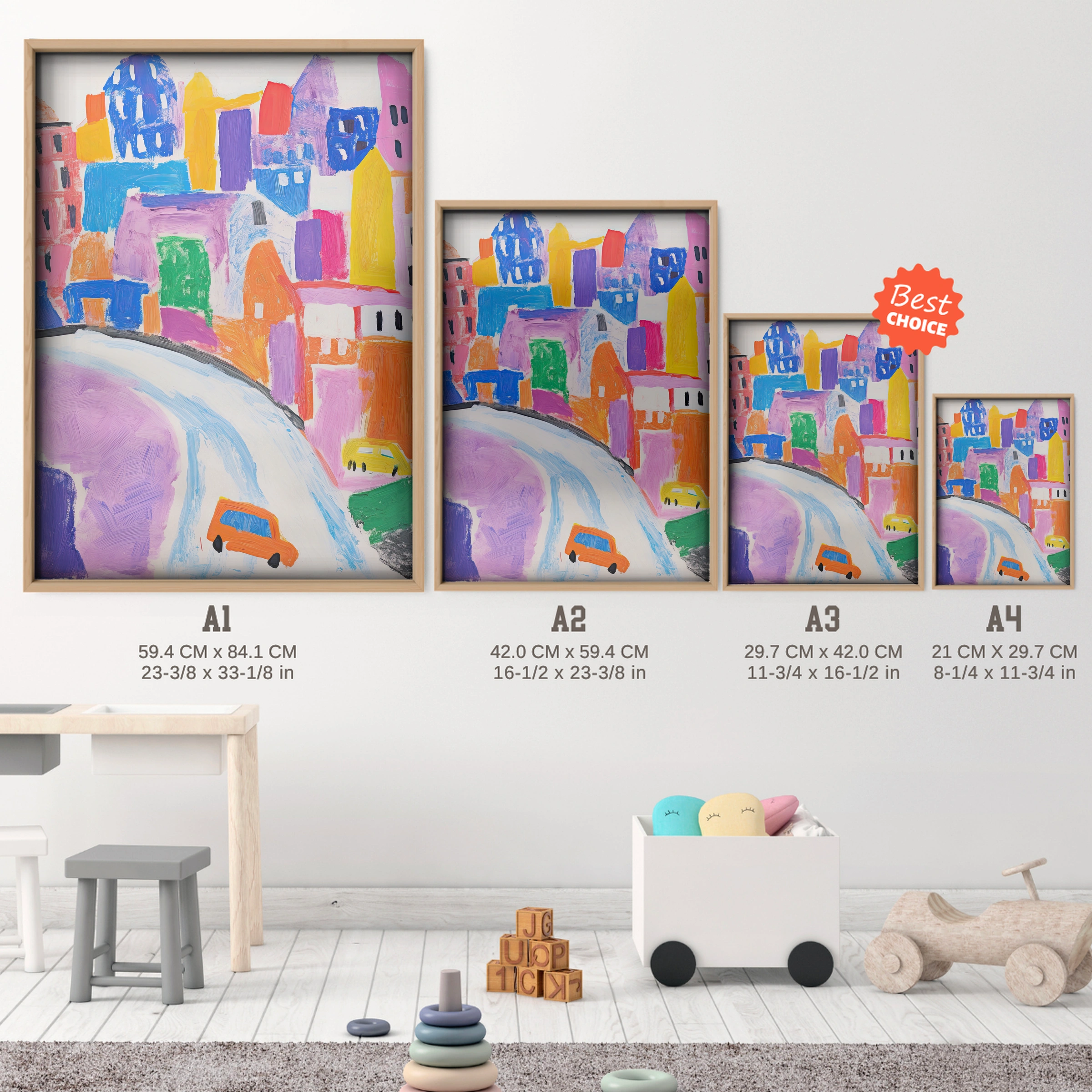 Colourful City Nursery Print - size guide A4 A3 A2 A1 nursery print