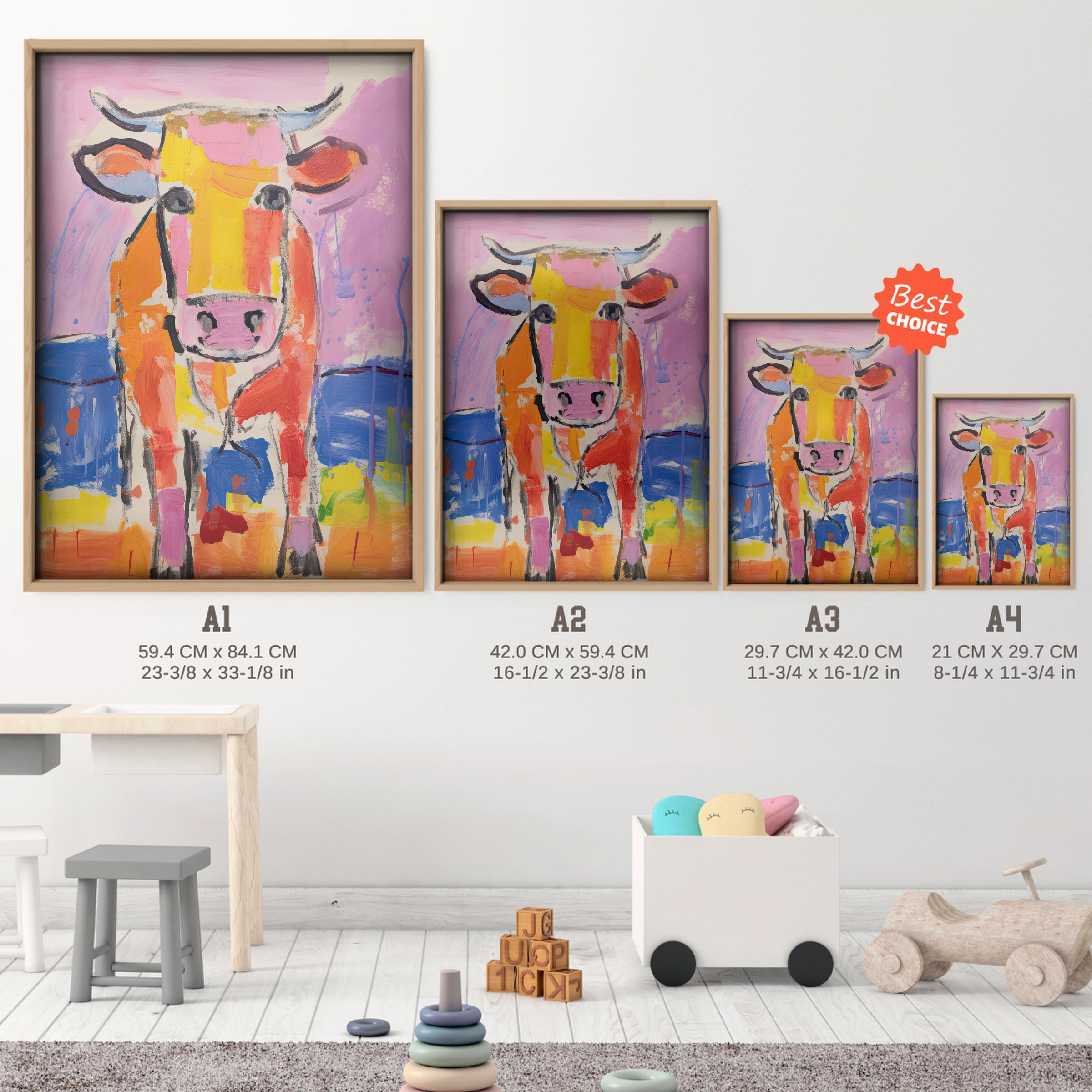 Colourful Cow Nursery Print - size guide A4 A3 A2 A1 nursery print