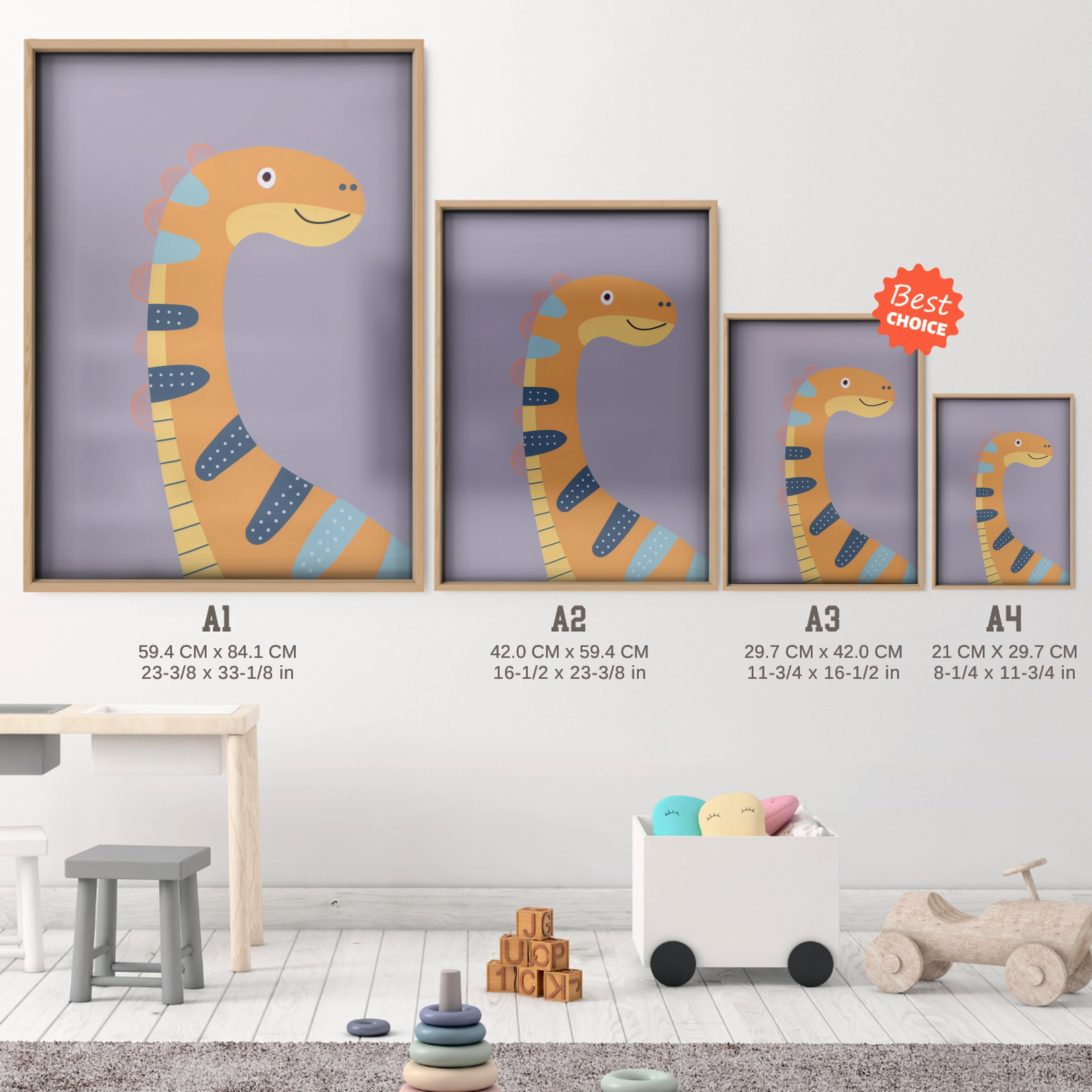 Colourful Dinosaur Nursery Print - size guide A4 A3 A2 A1 nursery print
