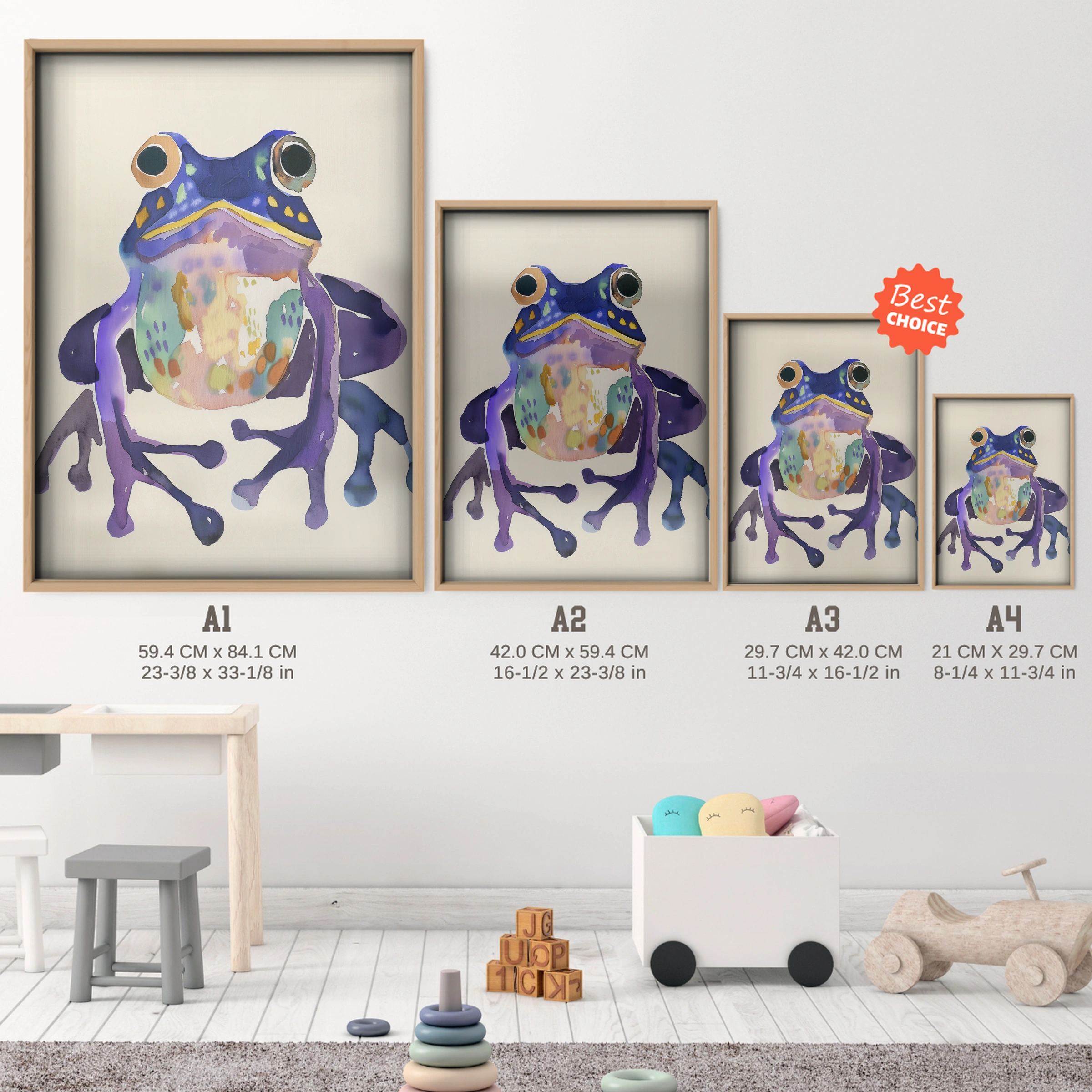 Colourful Frog Nursery Print - size guide A4 A3 A2 A1 nursery print