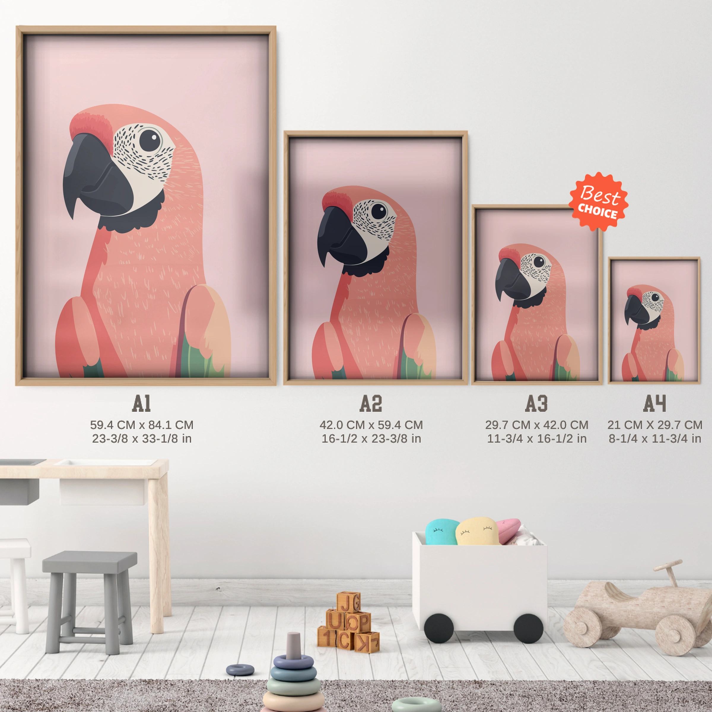 Colourful Parrot Nursery Print - size guide A4 A3 A2 A1 nursery print