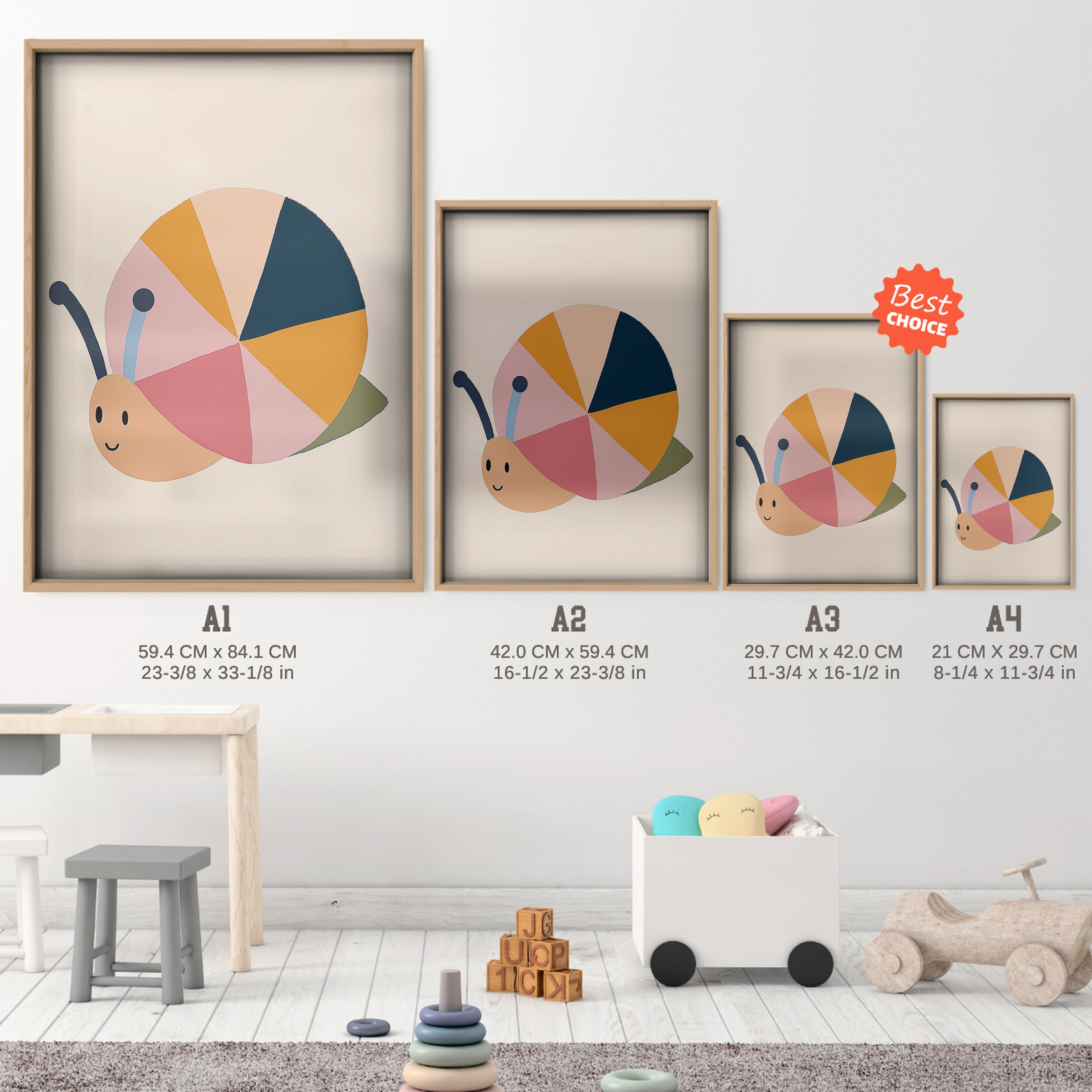 Colourful Snail Nursery Print - size guide A4 A3 A2 A1 nursery print
