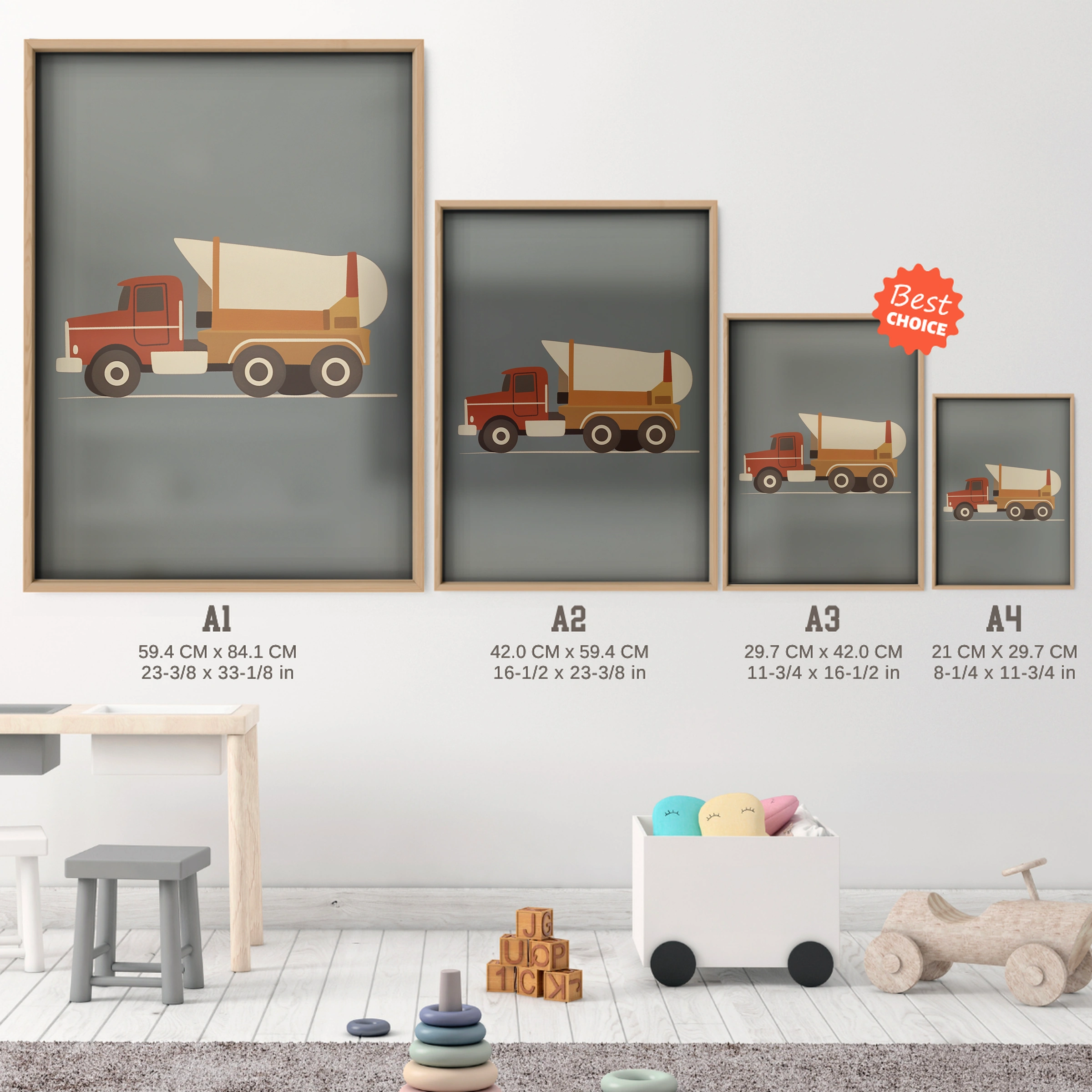 Concrete Truck Nursery Print - size guide A4 A3 A2 A1 nursery print