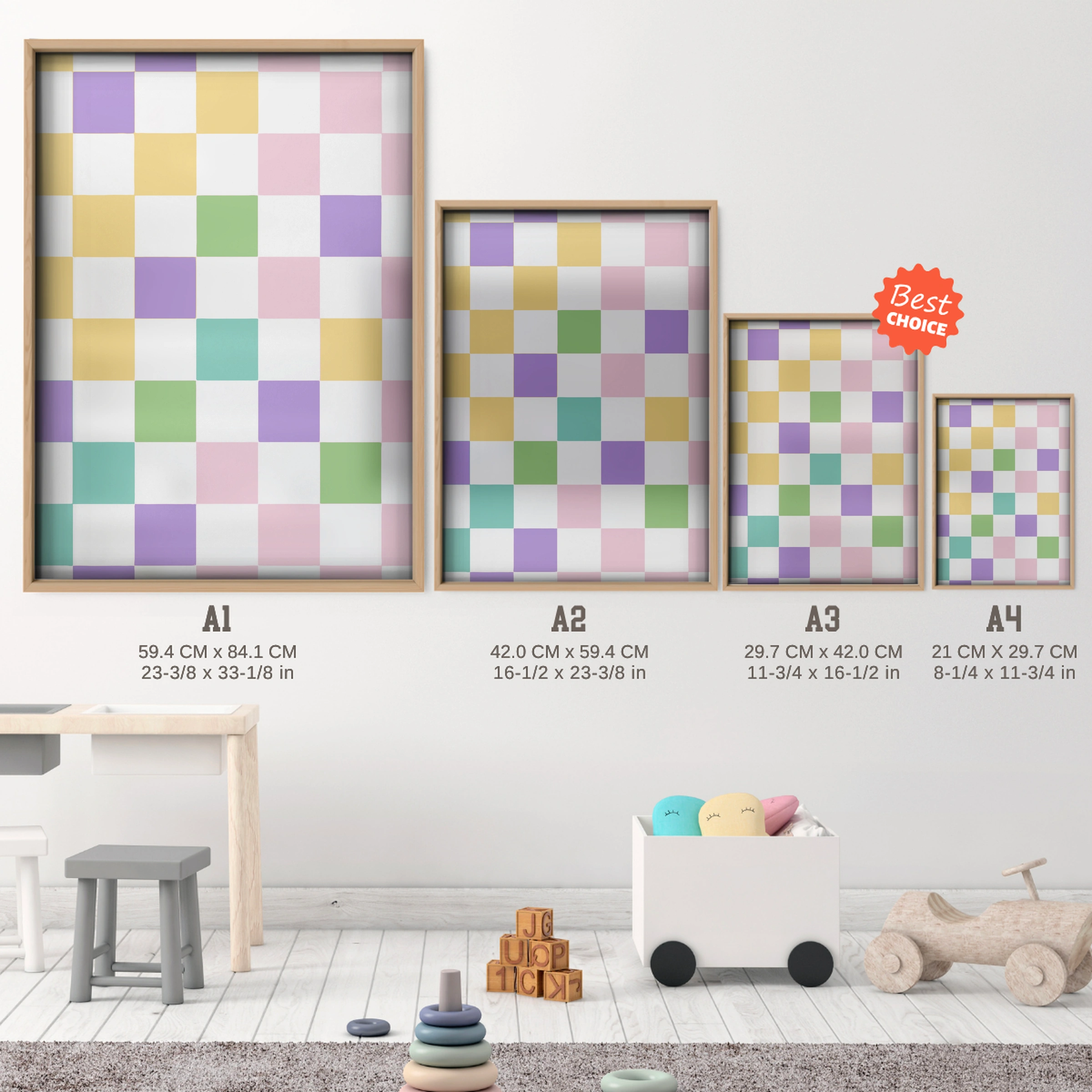 Confetti Checkerboard Nursery Print - size guide A4 A3 A2 A1 nursery print