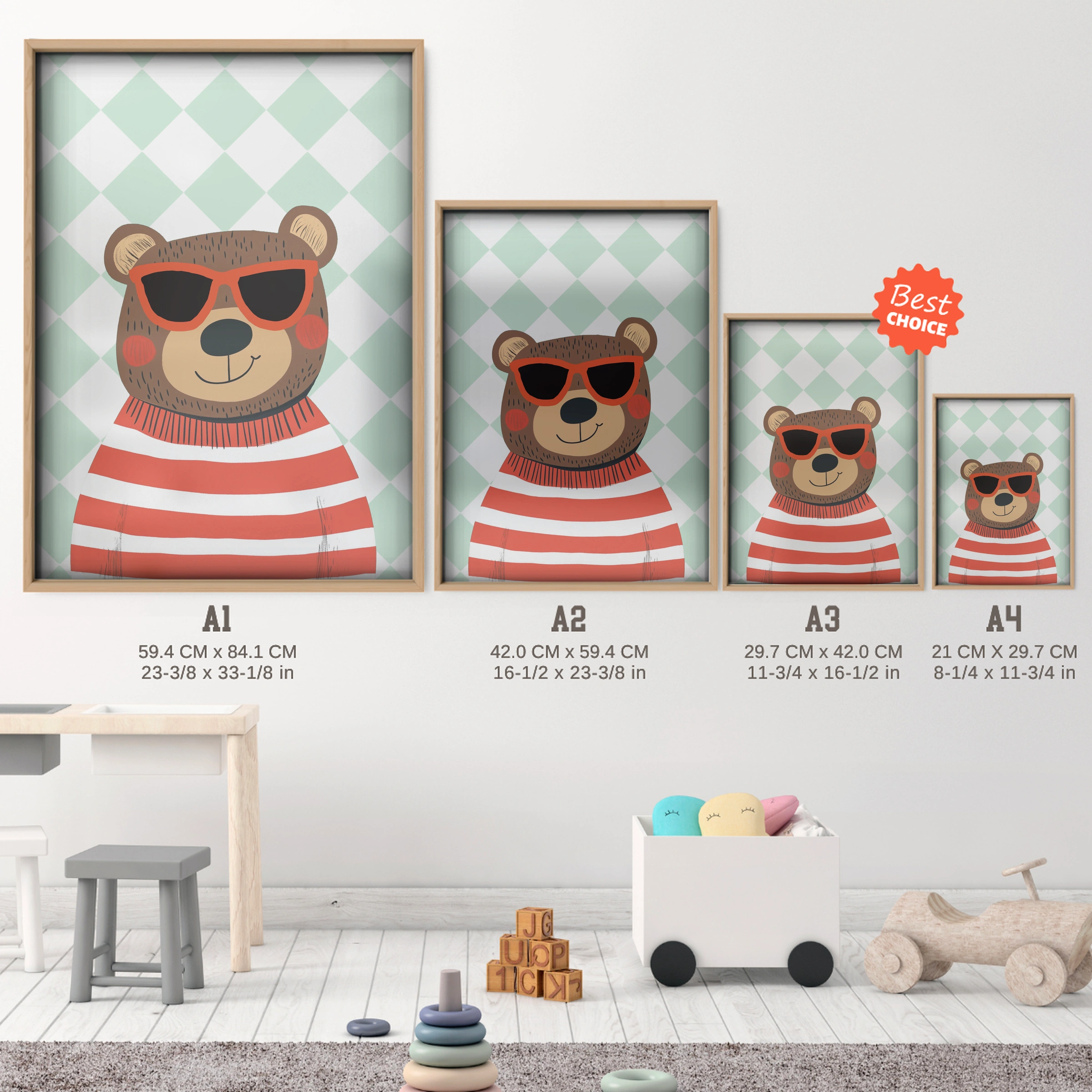 Cool Bear Nursery Print - size guide A4 A3 A2 A1 nursery print