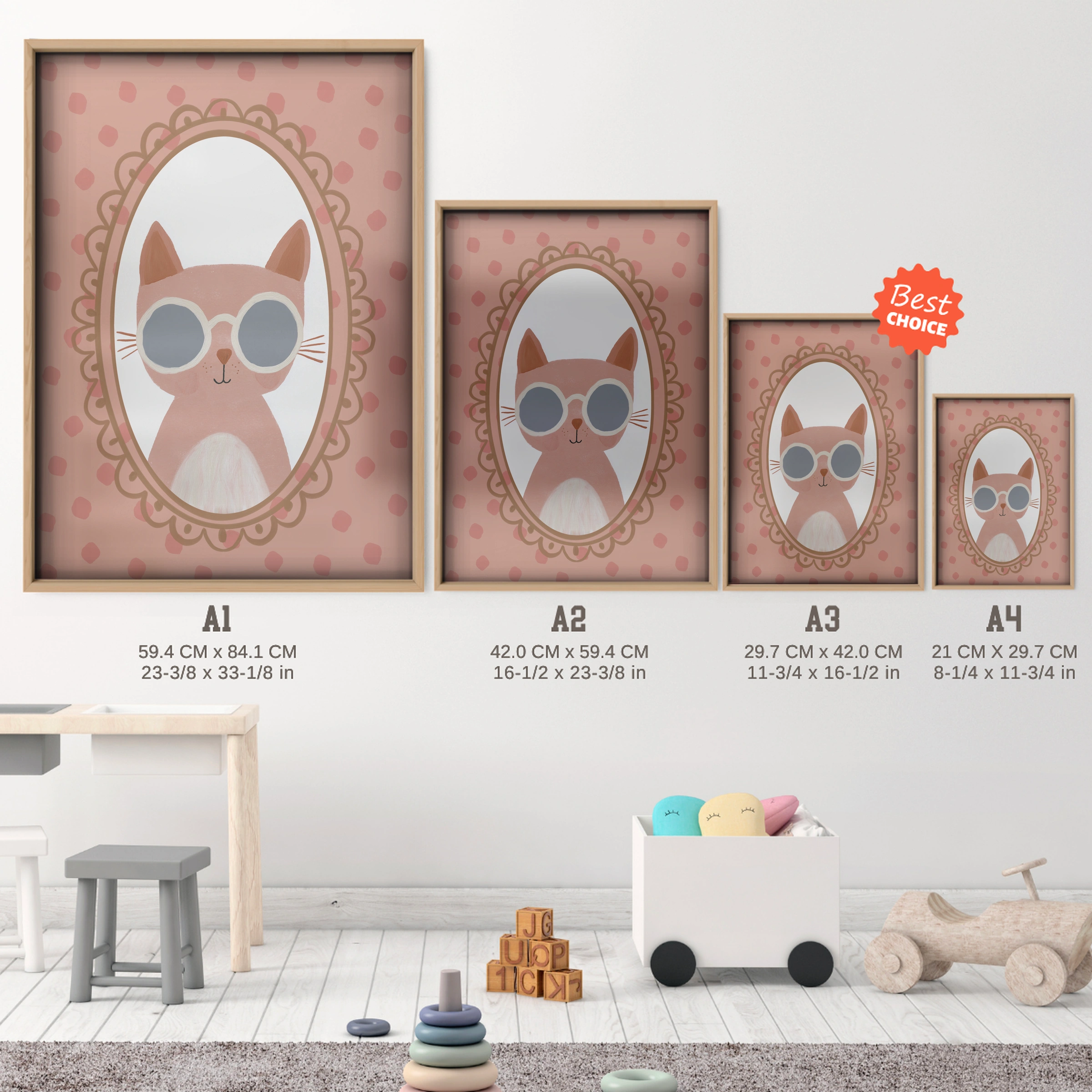 Cool Cat in Glasses Nursery Print - size guide A4 A3 A2 A1 nursery print