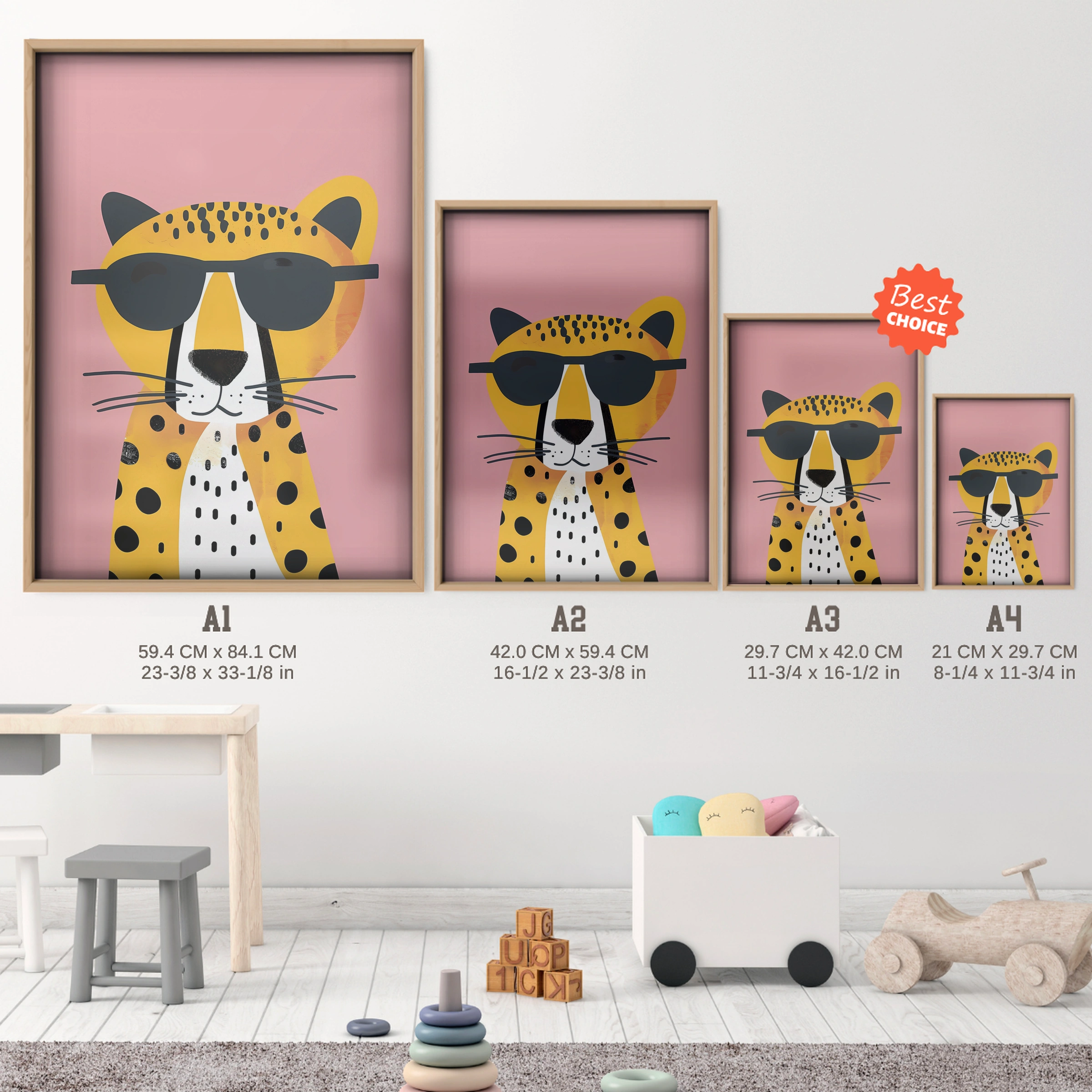 Cool Cheetah Nursery Print - size guide A4 A3 A2 A1 nursery print