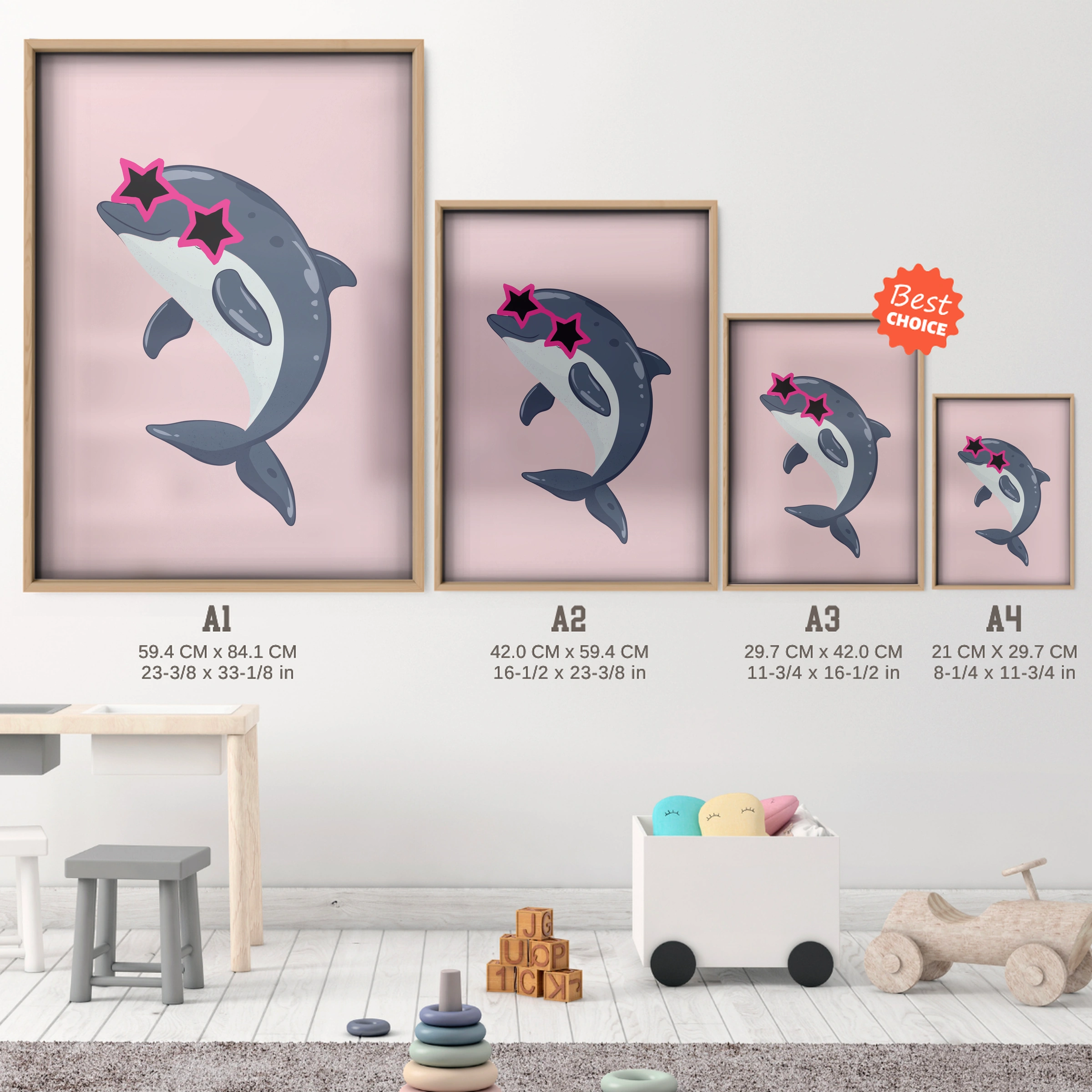 Cool Dolphin Nursery Print - size guide A4 A3 A2 A1 nursery print
