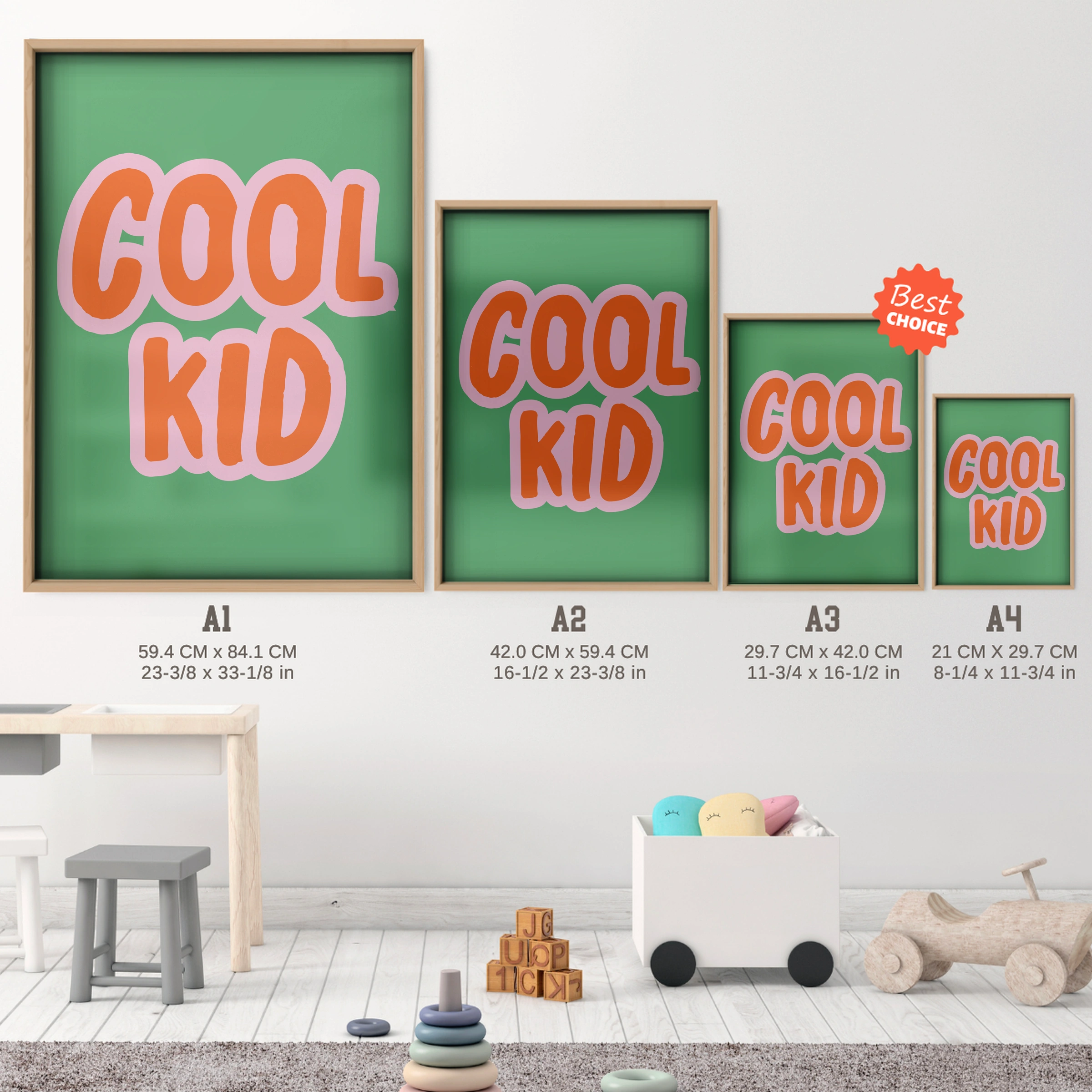 Cool Kid Nursery Print - size guide A4 A3 A2 A1 nursery print