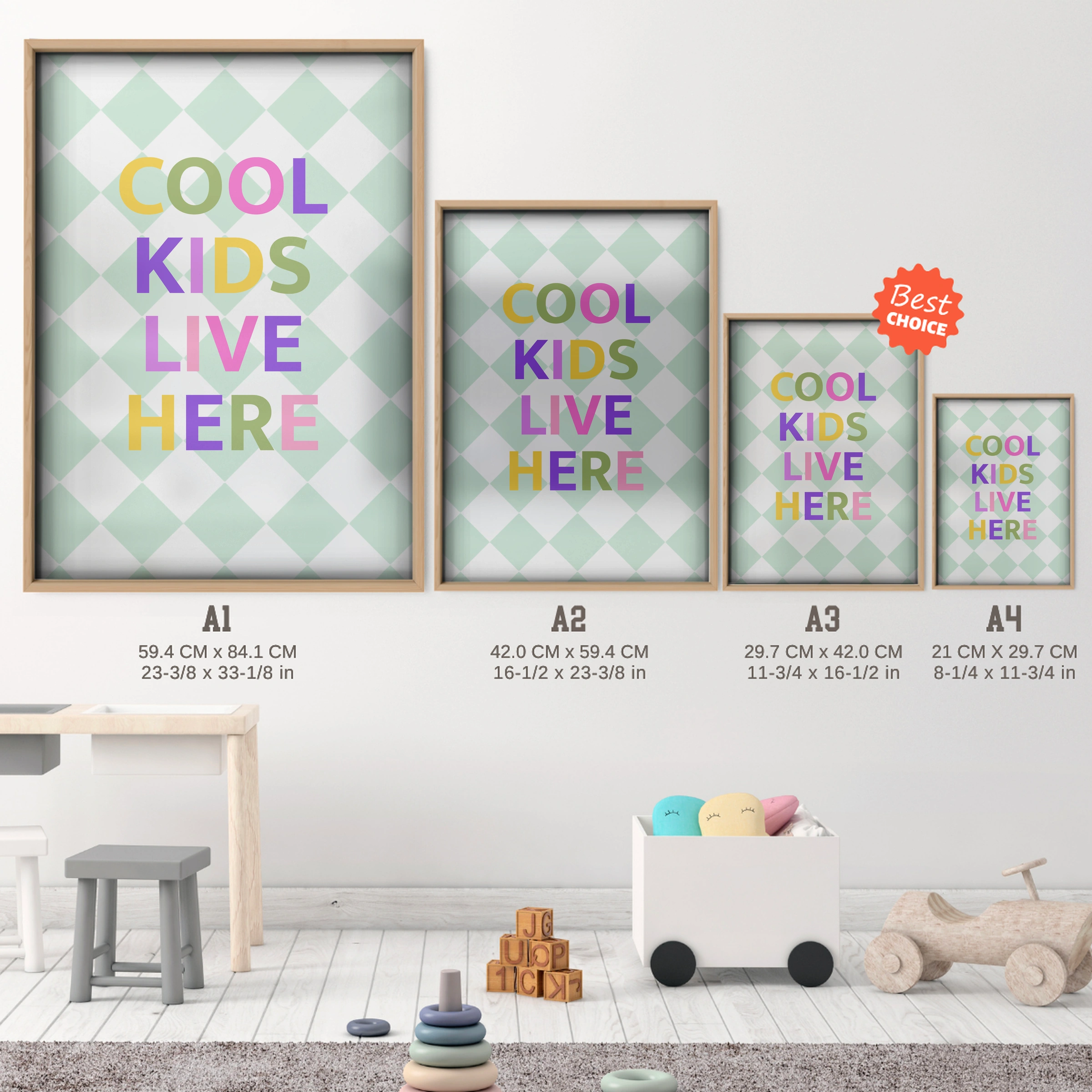Cool Kids Live Here Green Nursery Print - size guide A4 A3 A2 A1 nursery print