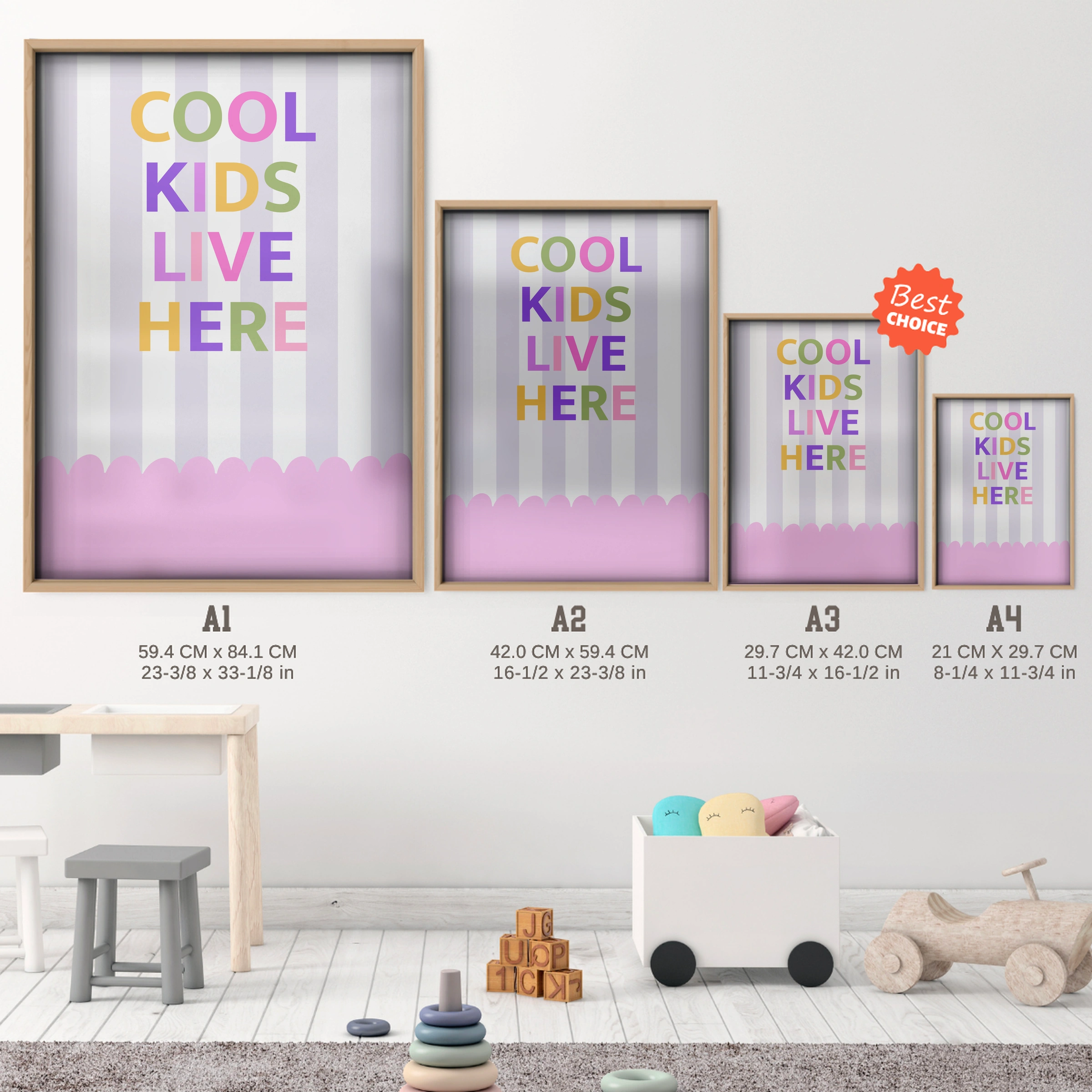 Cool Kids Live Here Nursery Print - size guide A4 A3 A2 A1 nursery print