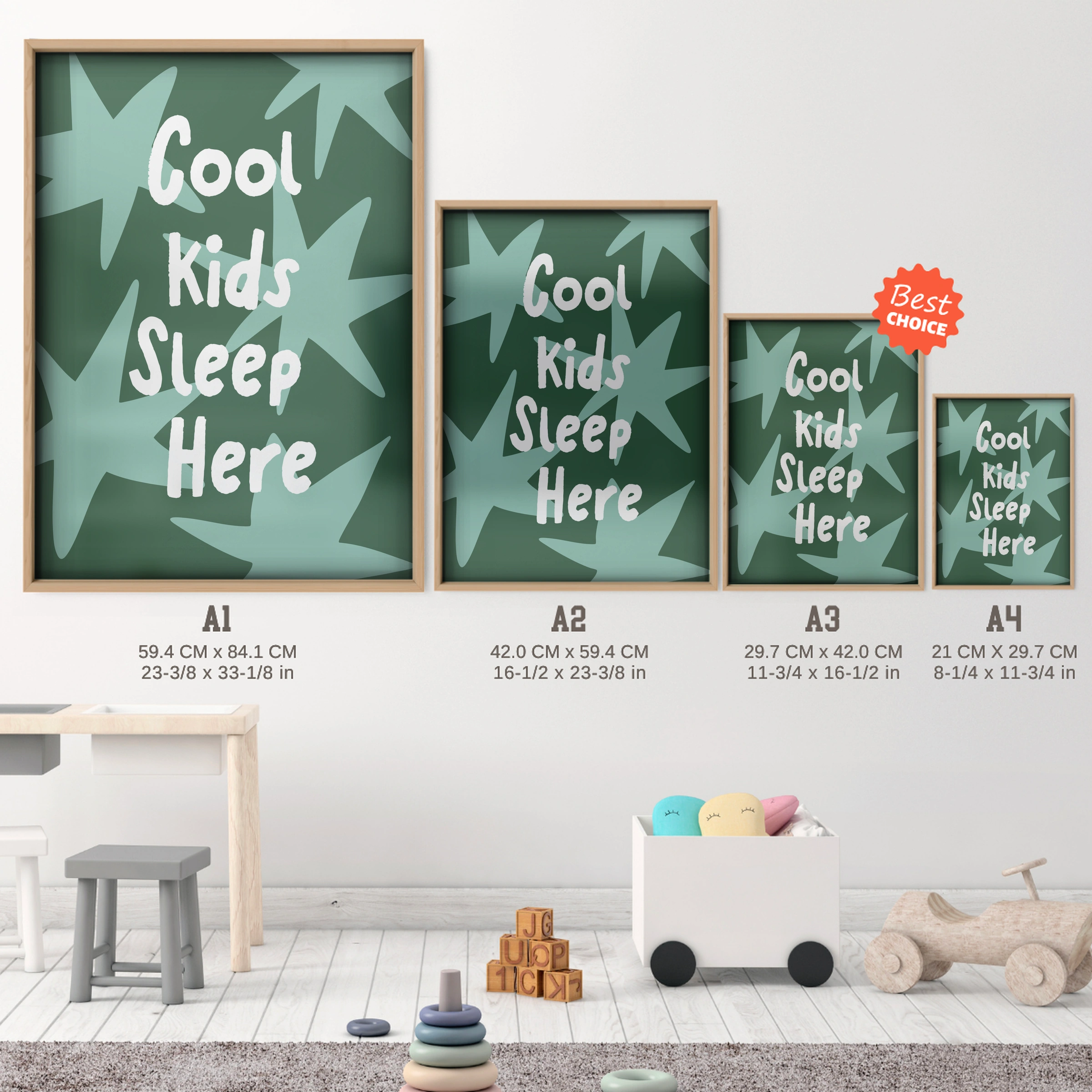 Cool Kids Sleep Here Nursery Print - size guide A4 A3 A2 A1 nursery print