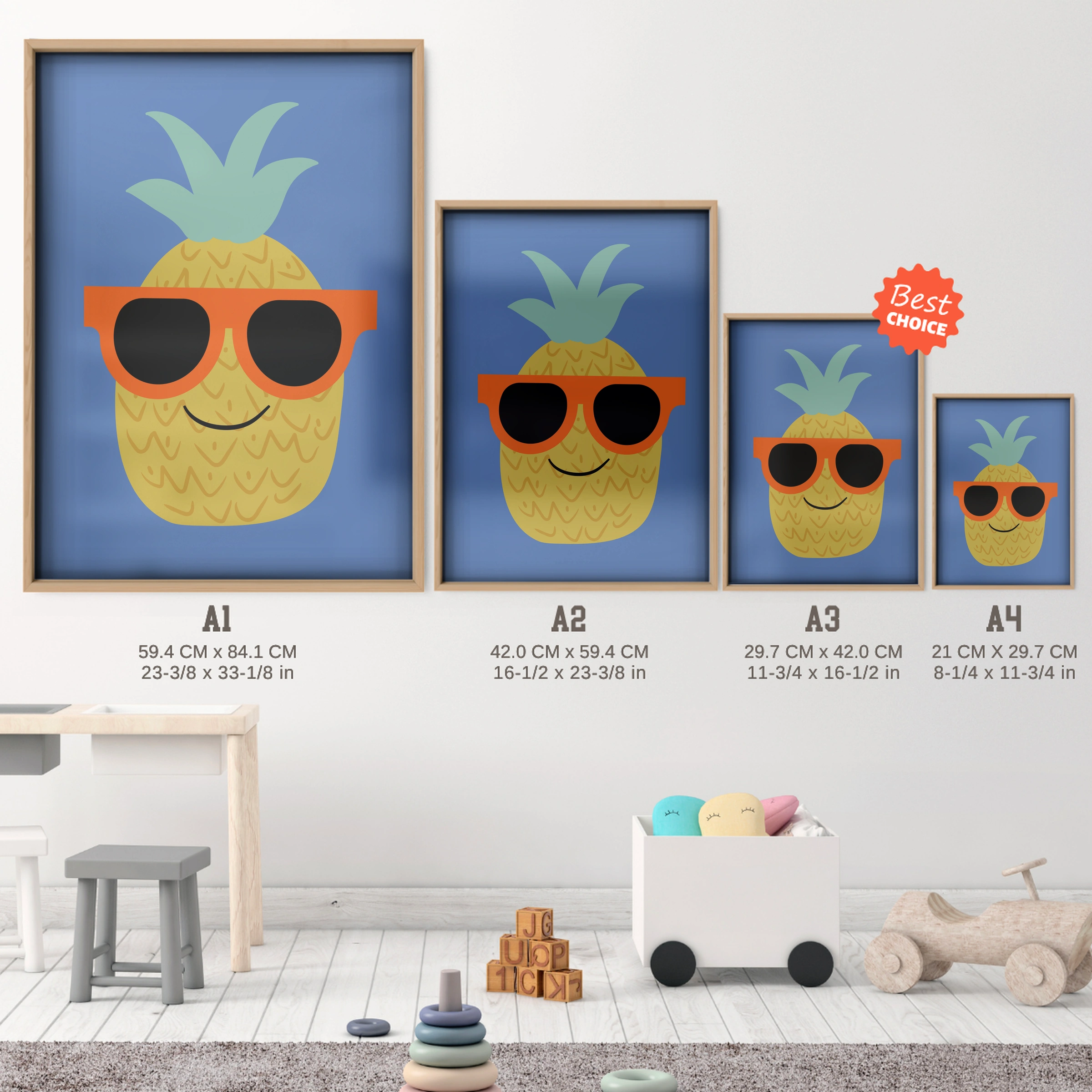 Cool Pineapple Nursery Print - size guide A4 A3 A2 A1 nursery print