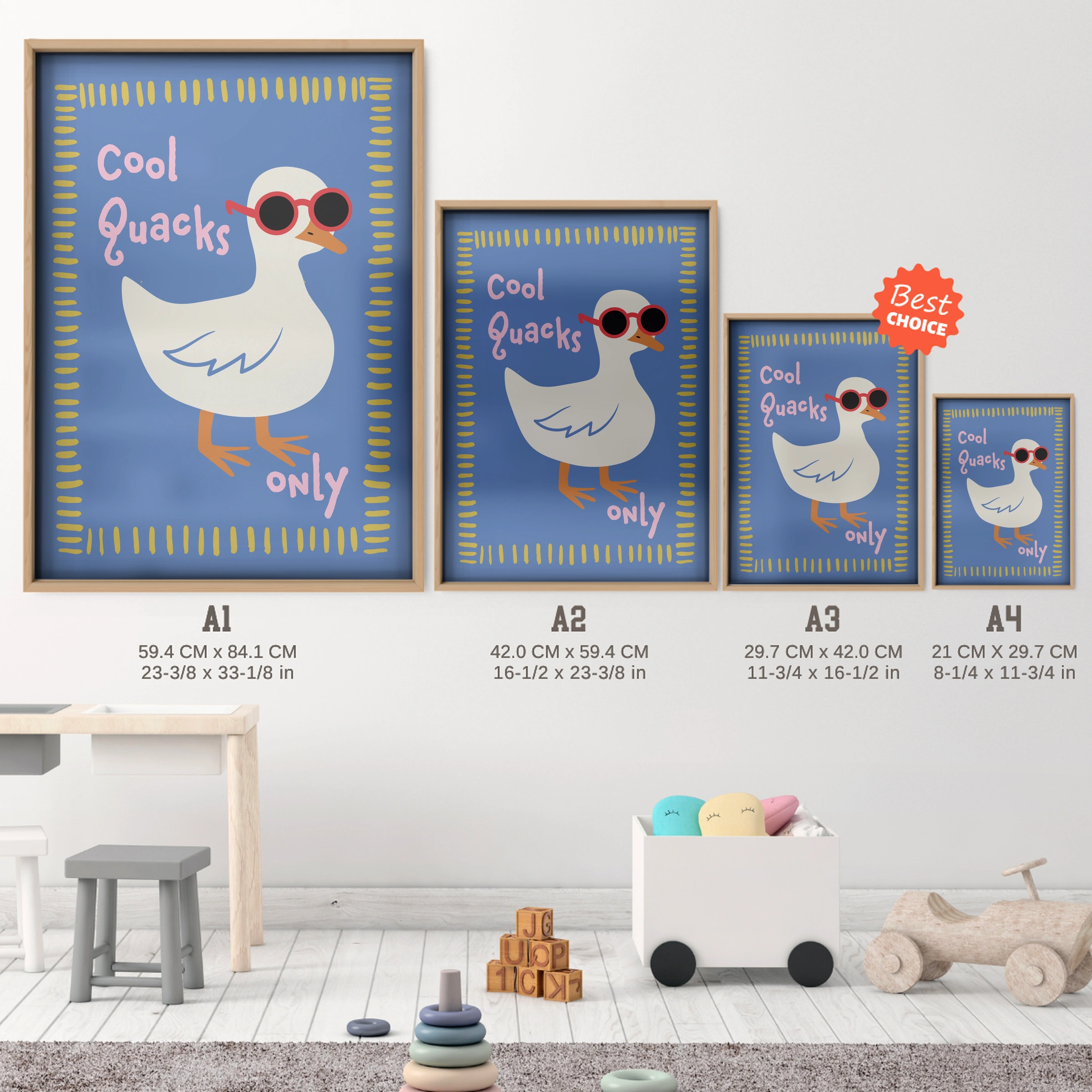 Cool Quacks Only Nursery Print - size guide A4 A3 A2 A1 nursery print