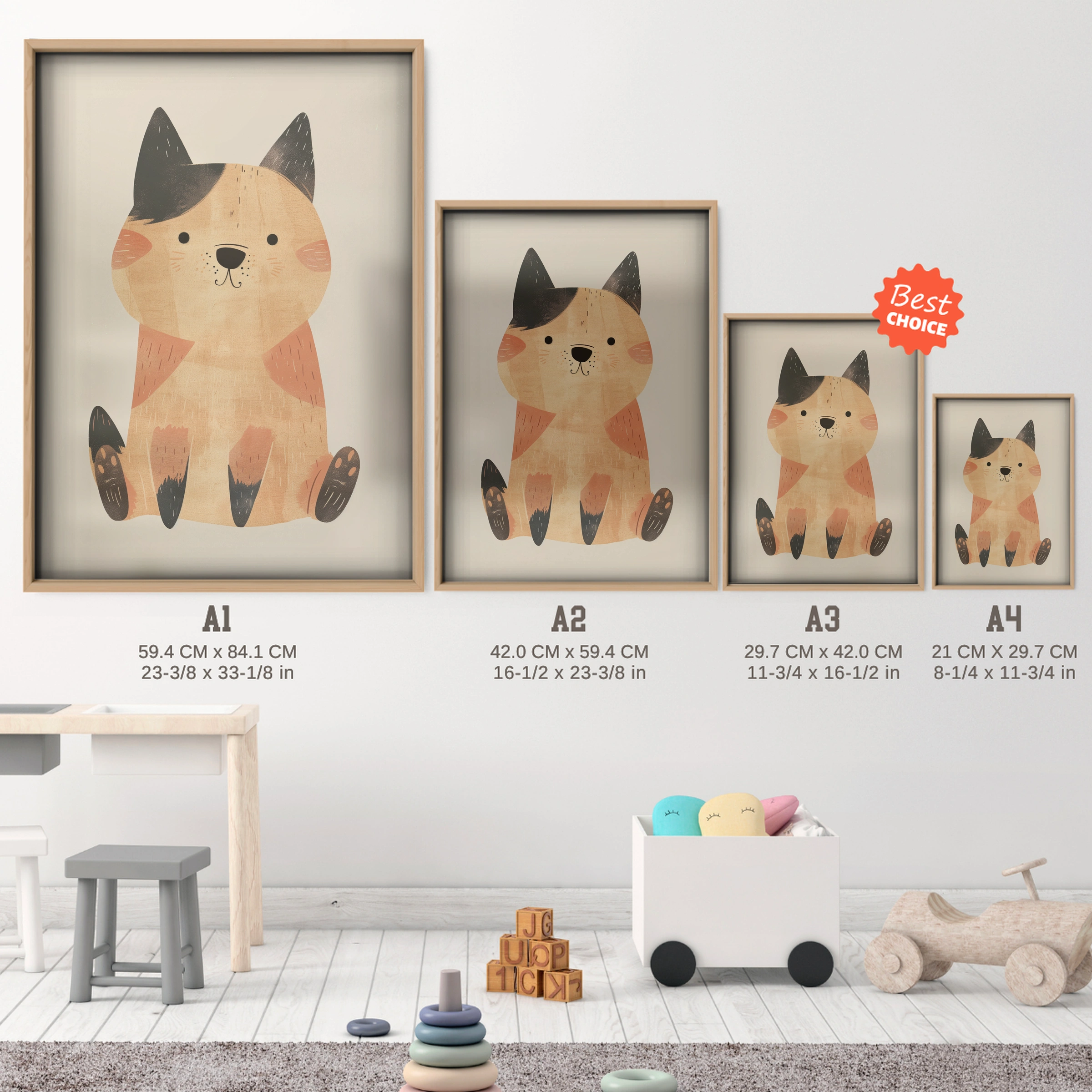 Cosy Cat Nursery Print - size guide A4 A3 A2 A1 nursery print