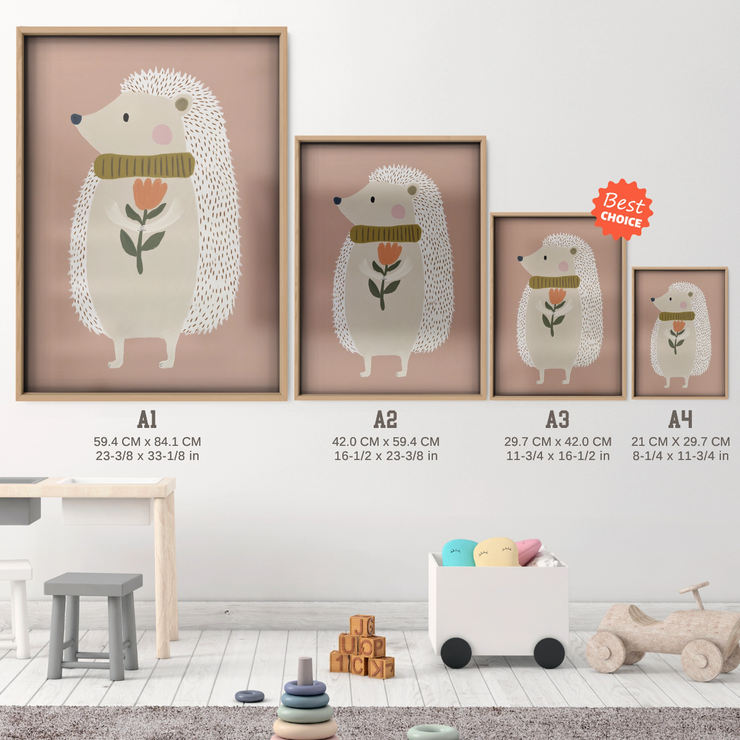 Cosy Hedgehog Nursery Print - size guide A4 A3 A2 A1 nursery print