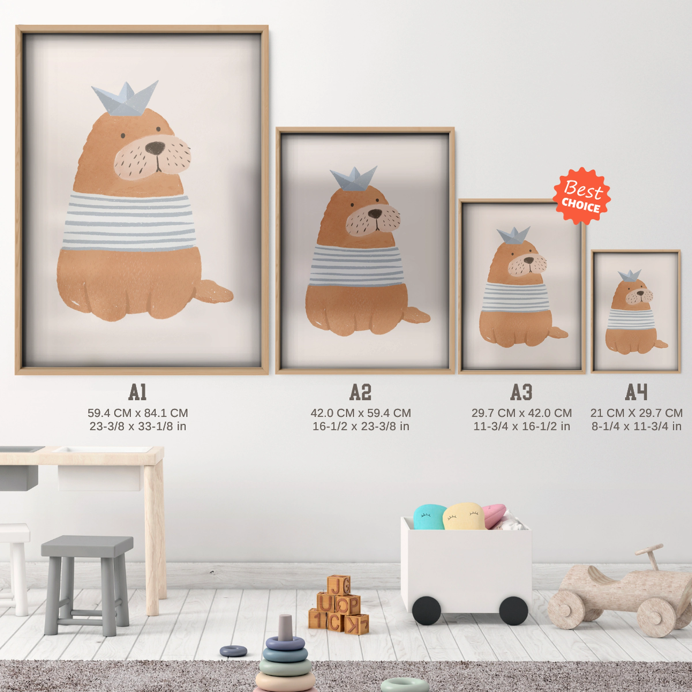 Cosy Lion Nursery Print - size guide A4 A3 A2 A1 nursery print