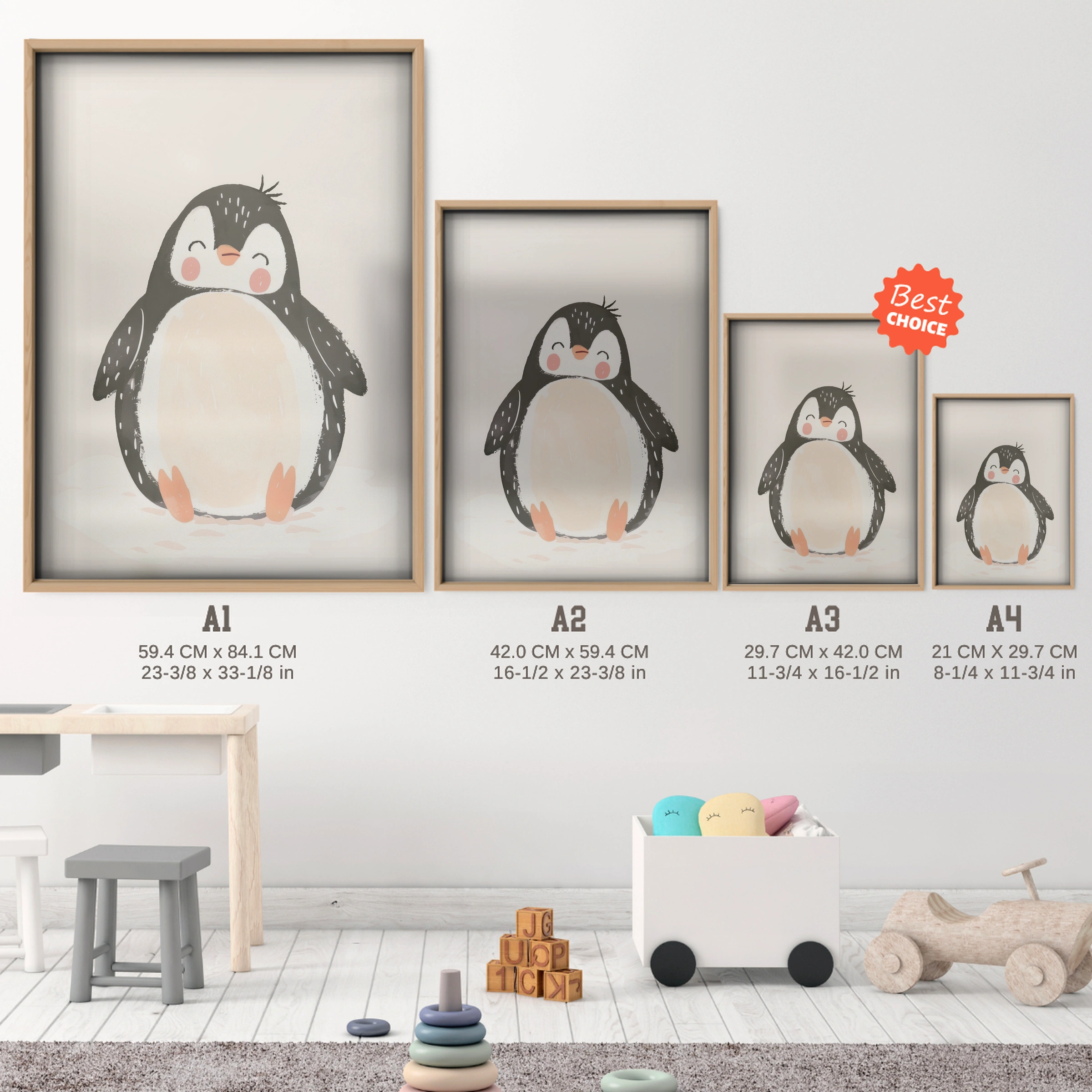 Cosy Penguin Nursery Print - size guide A4 A3 A2 A1 nursery print