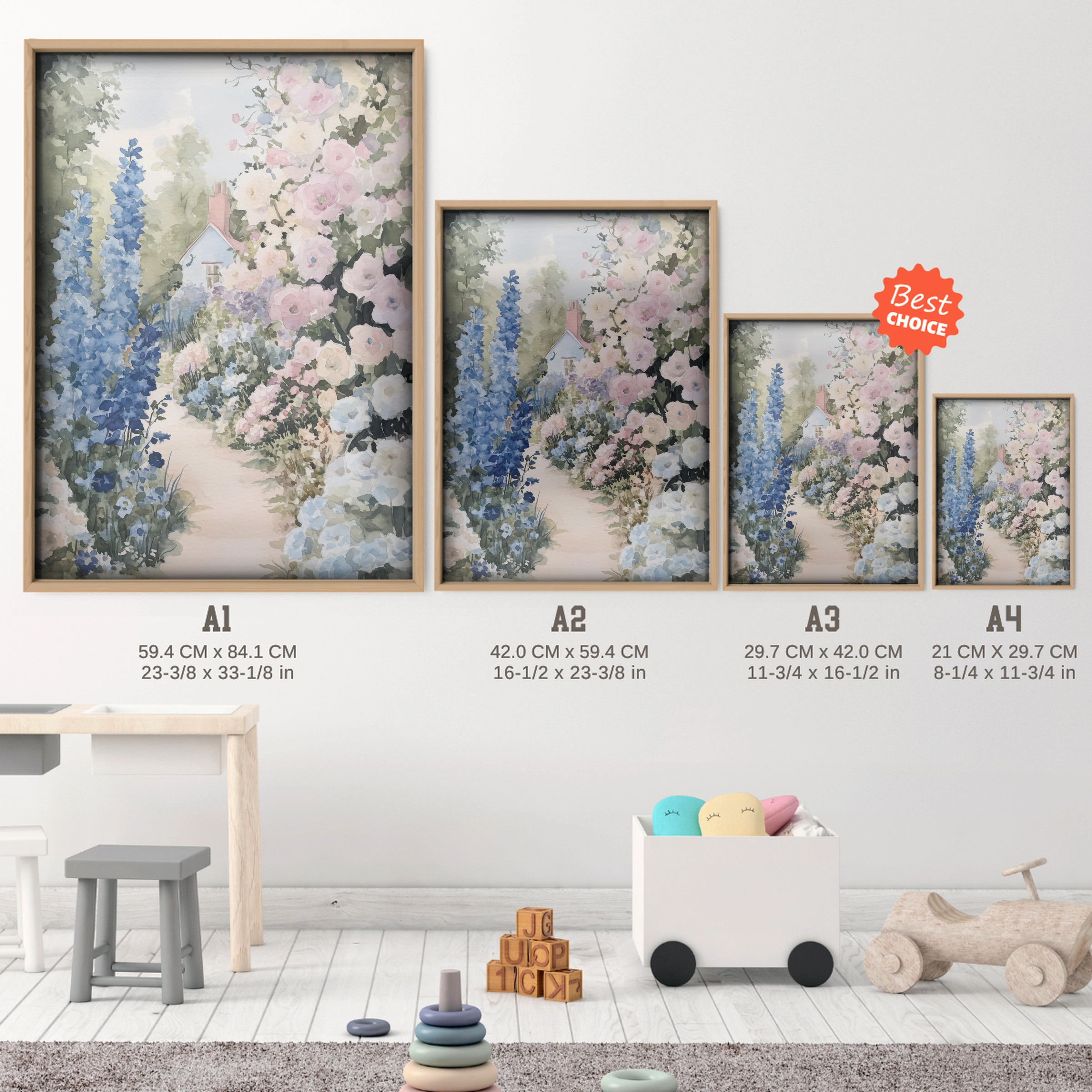 Cottage Flower Garden Nursery Print - size guide A4 A3 A2 A1 nursery print