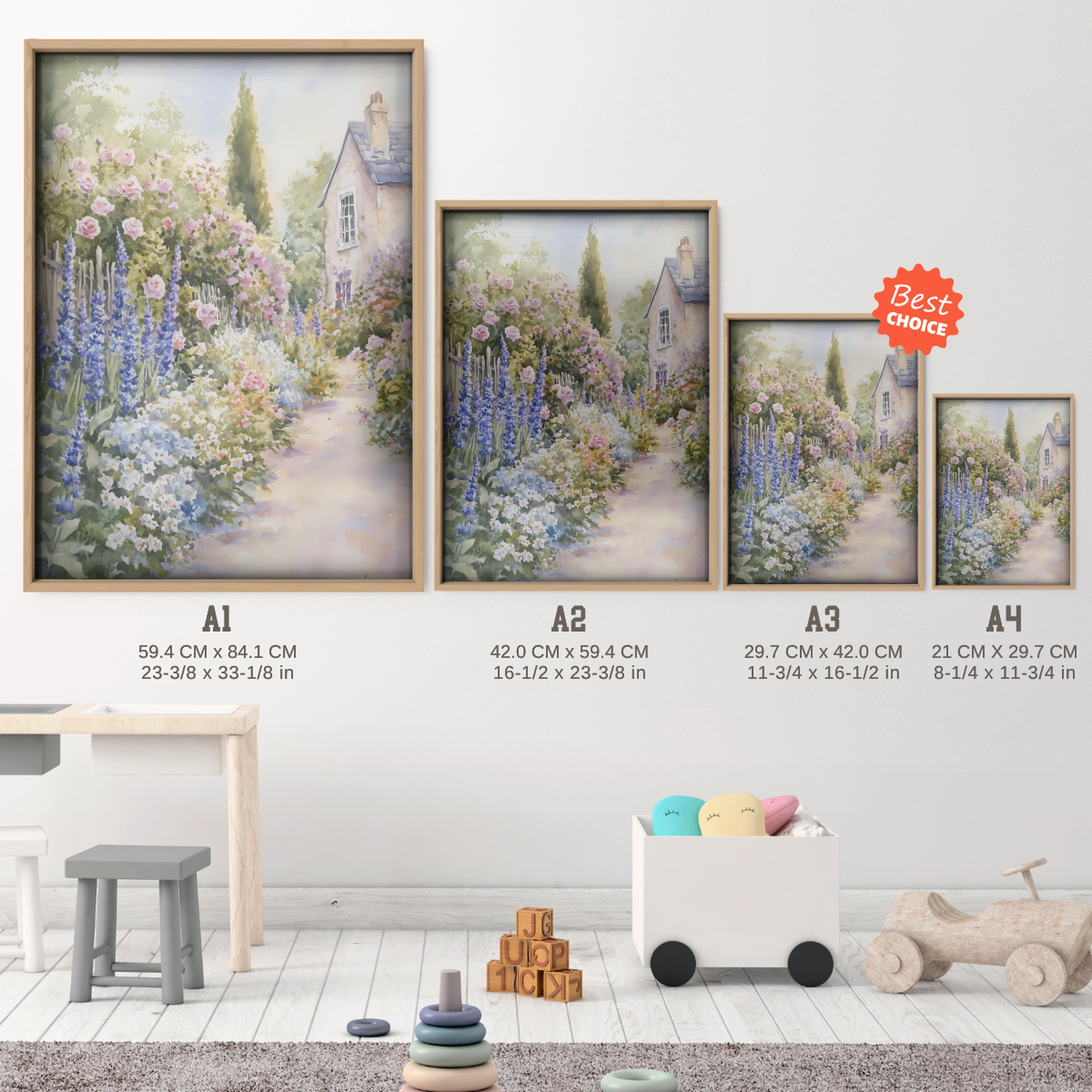Cottage Garden Path Nursery Print - size guide A4 A3 A2 A1 nursery print