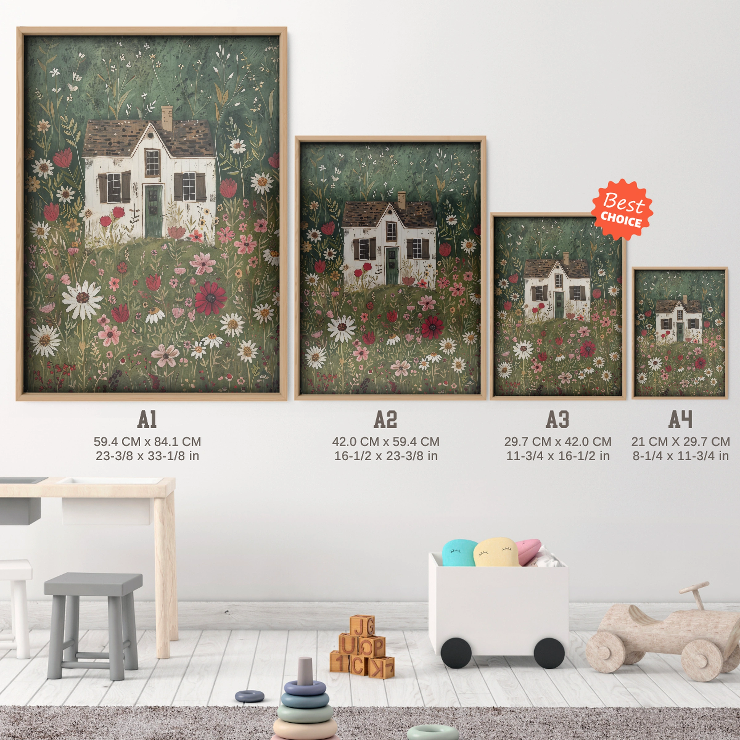 Cottage in Bloom Nursery Print - size guide A4 A3 A2 A1 nursery print
