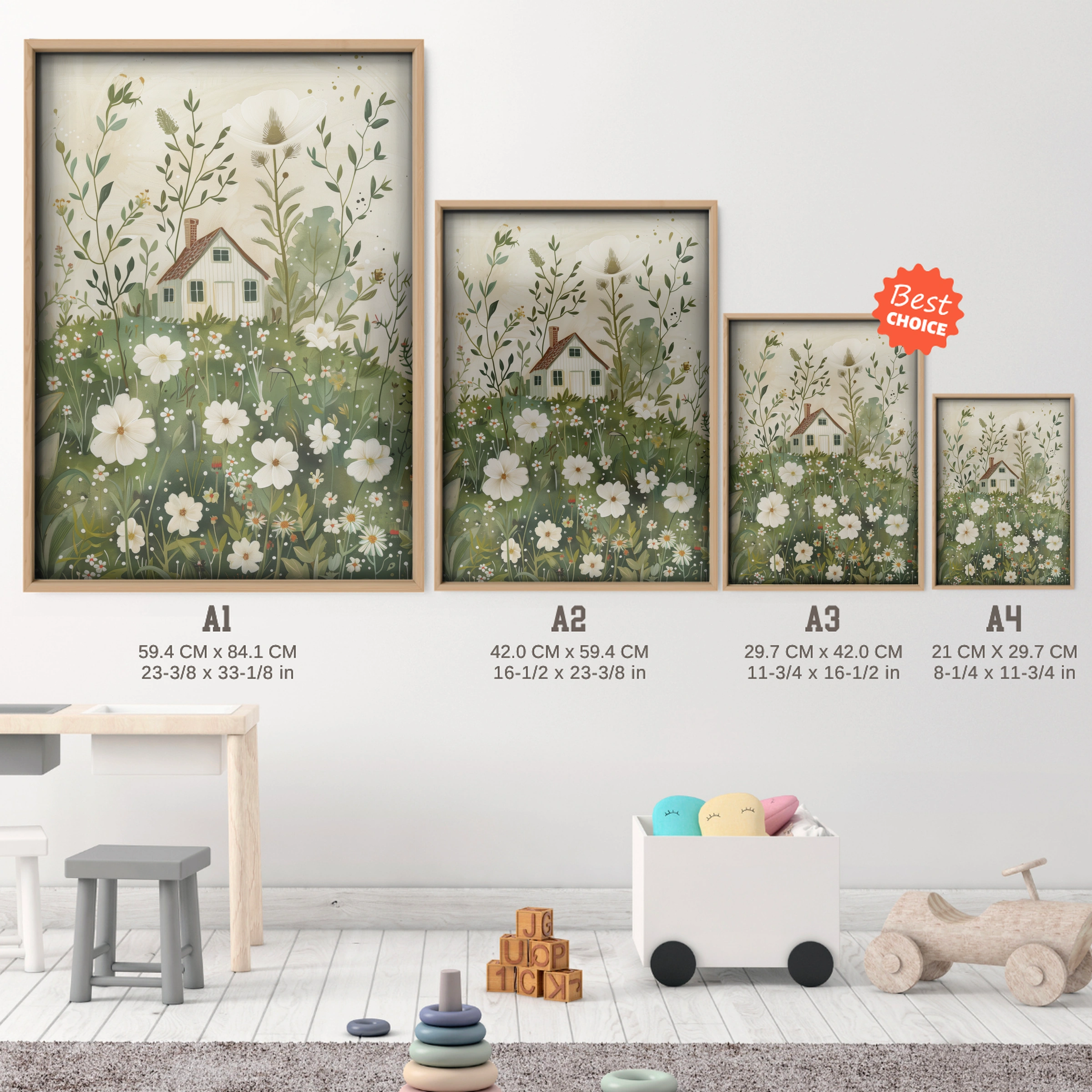 Cottage in Flowers Nursery Print - size guide A4 A3 A2 A1 nursery print