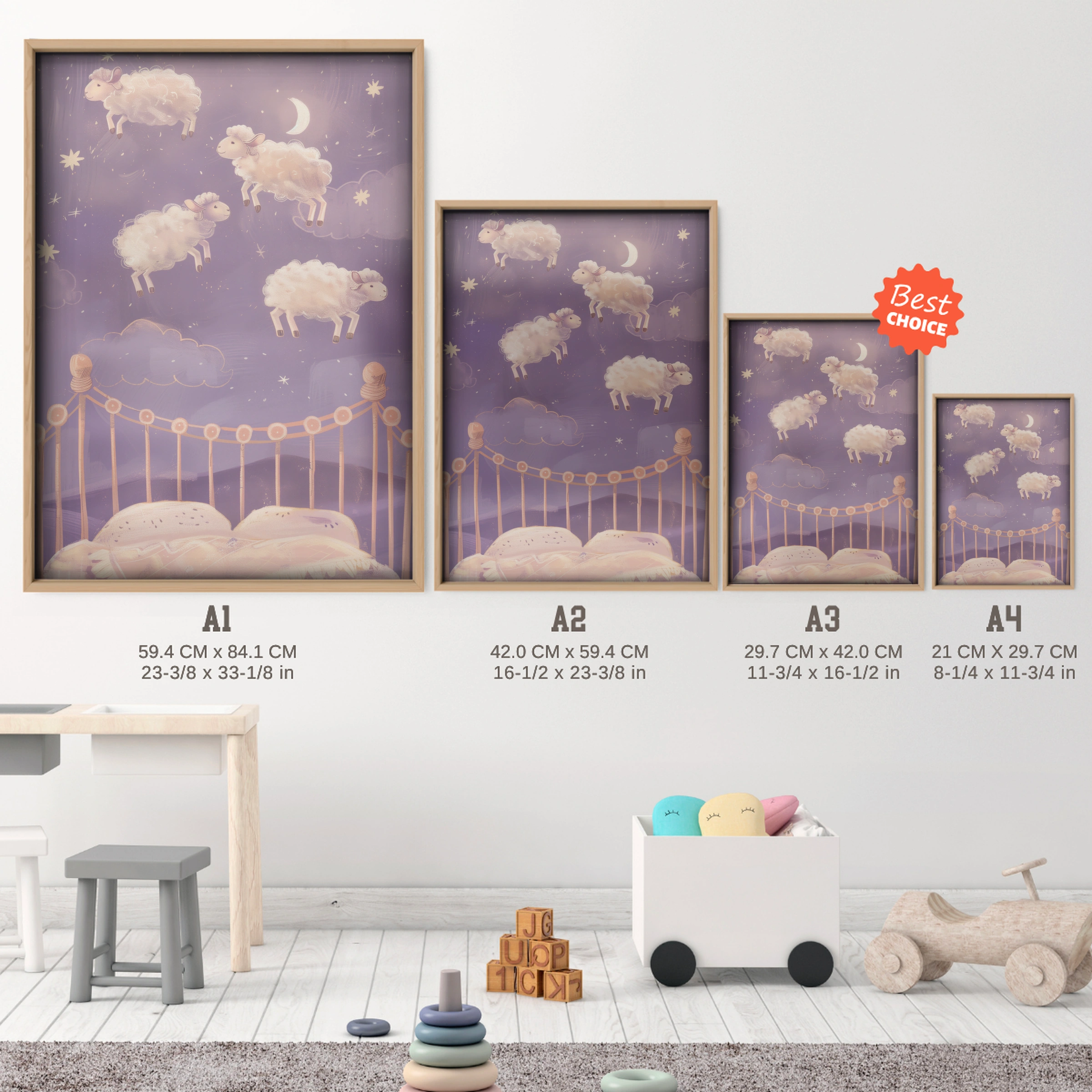 Counting Sheep Nursery Print - size guide A4 A3 A2 A1 nursery print