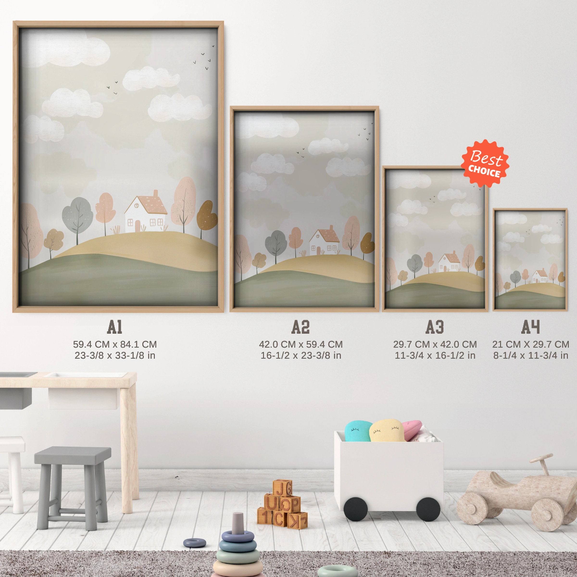 Countryside Village Nursery Print - size guide A4 A3 A2 A1 nursery print