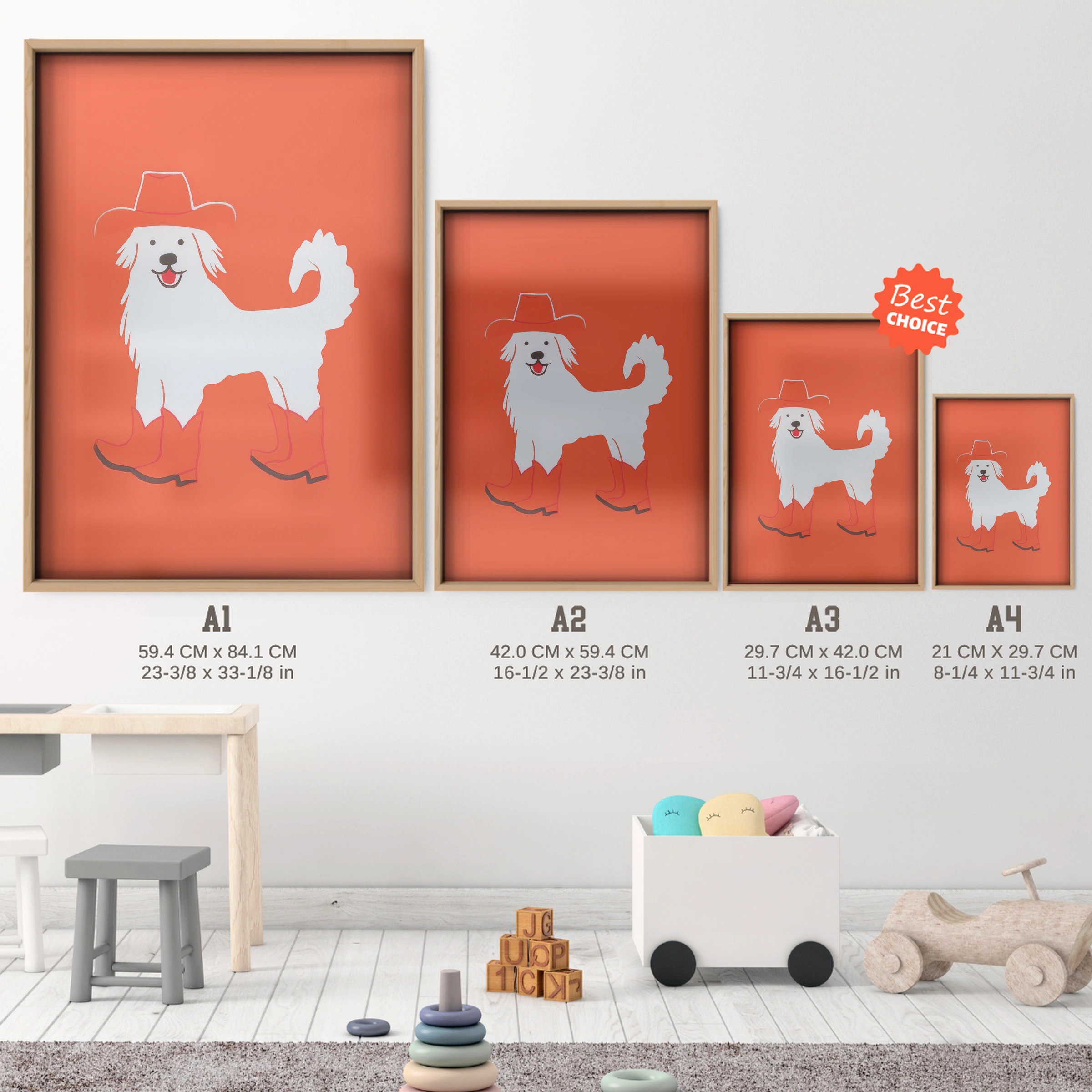 Cowboy Dog Nursery Print - size guide A4 A3 A2 A1 nursery print
