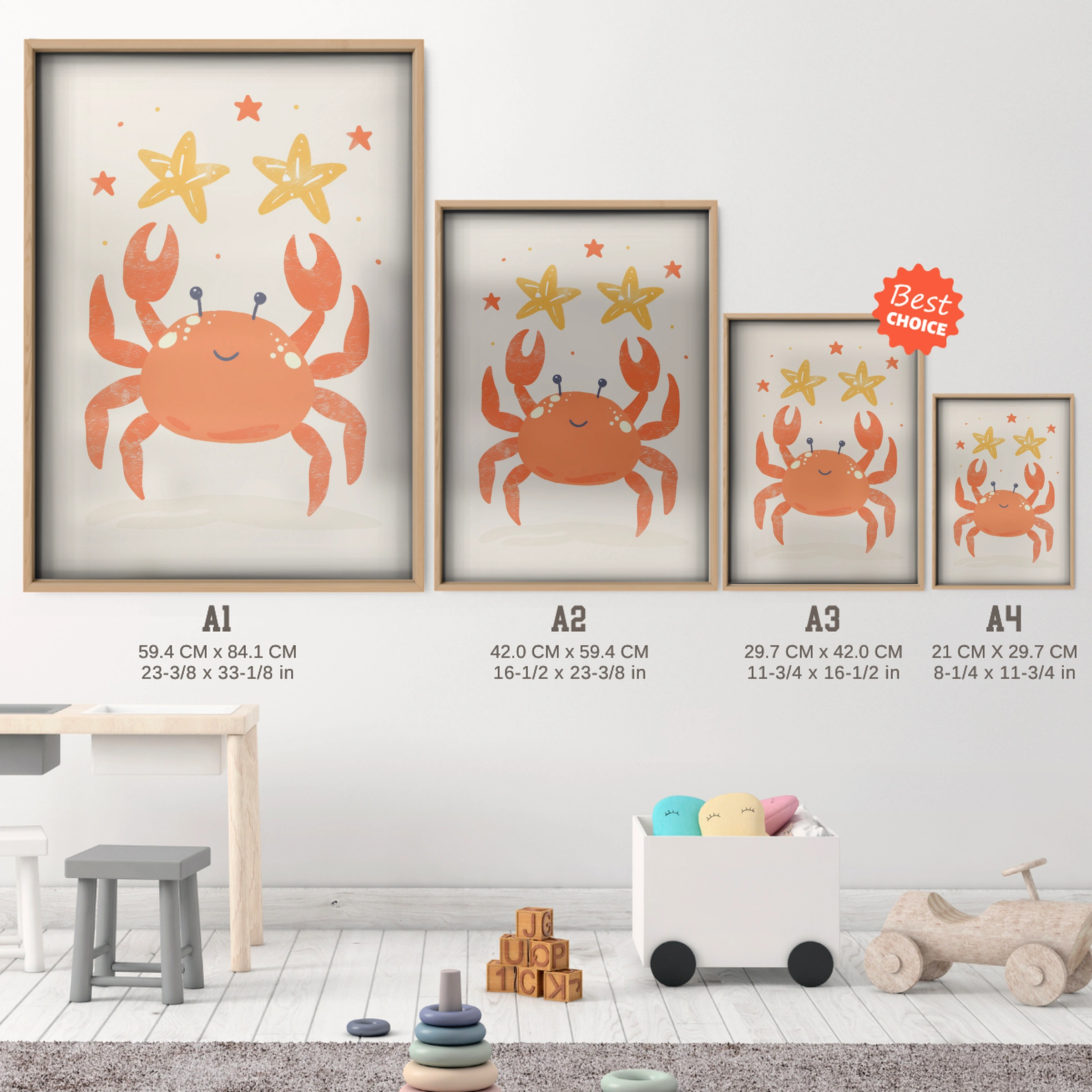 Crab and Stars Nursery Print - size guide A4 A3 A2 A1 nursery print