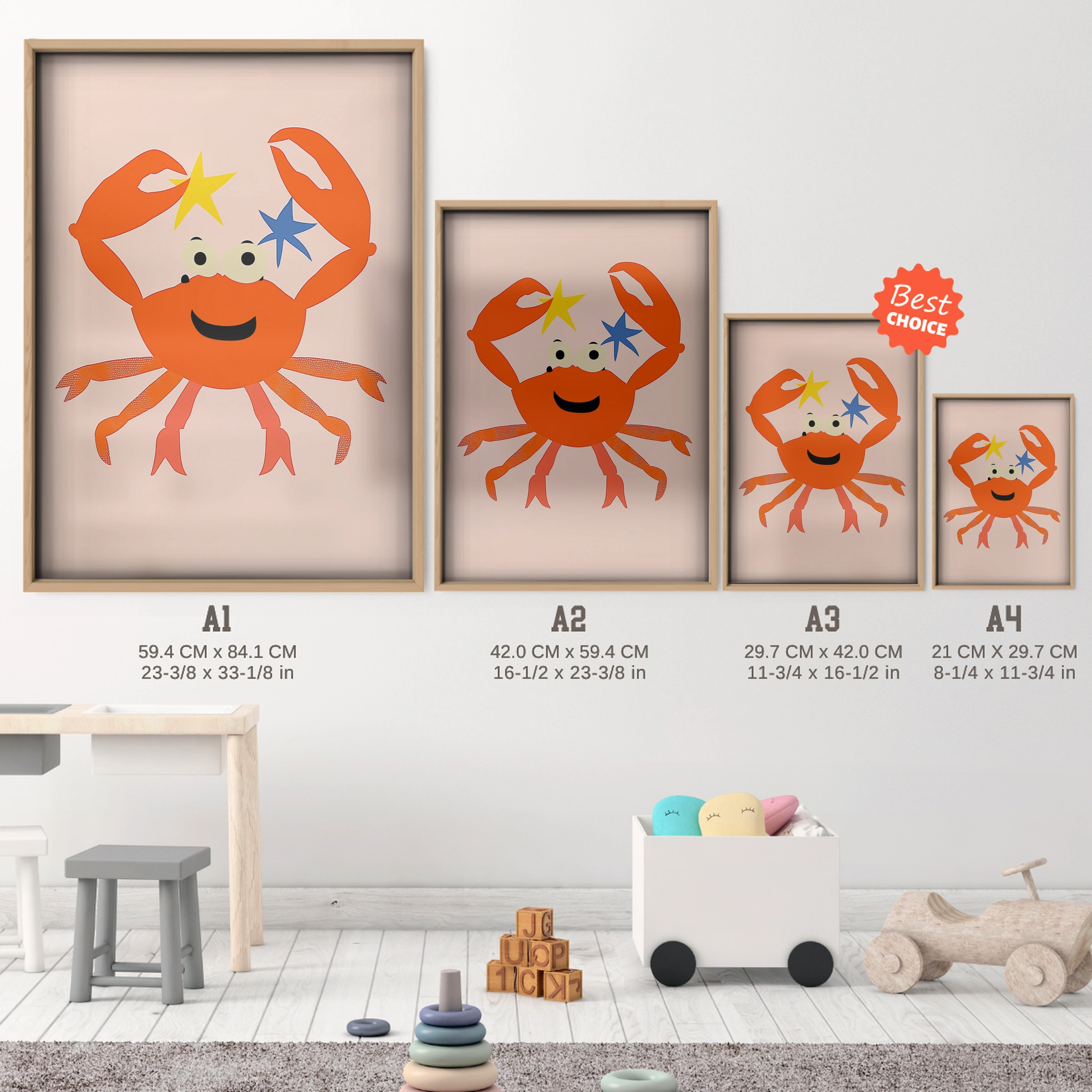 Crab with a Star Nursery Print - size guide A4 A3 A2 A1 nursery print