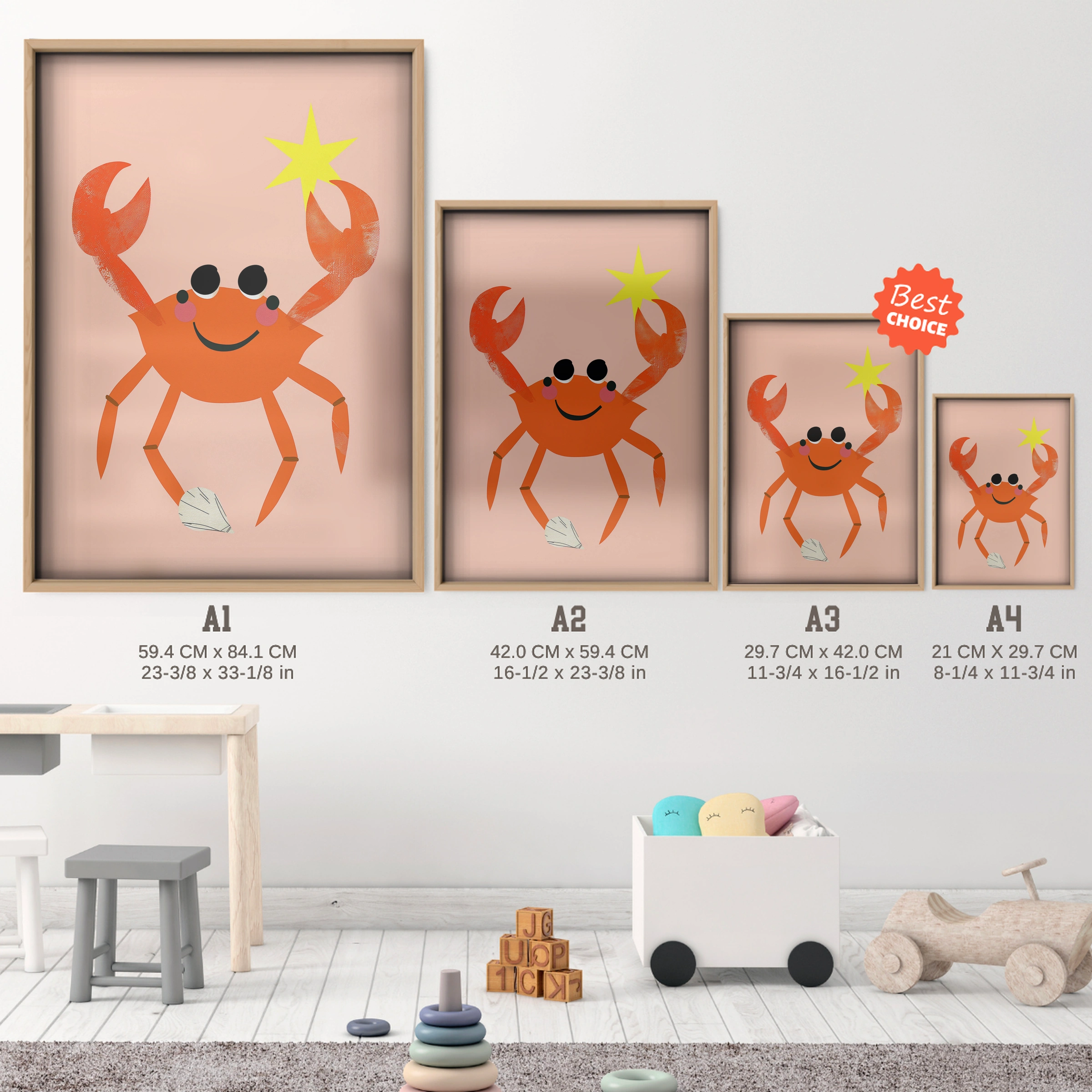 Crab with a Star Two Nursery Print - size guide A4 A3 A2 A1 nursery print