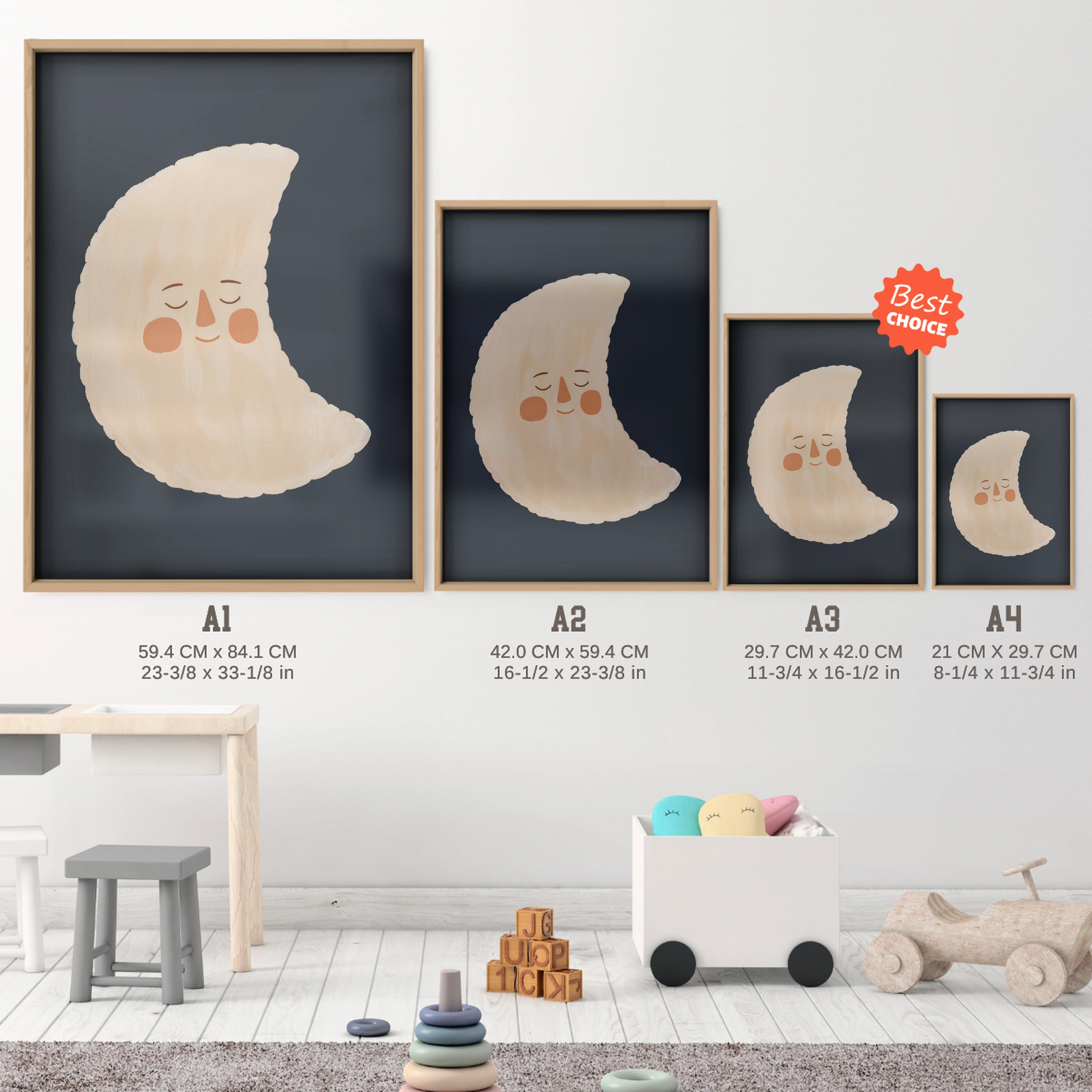 Crescent Moon Nursery Print - size guide A4 A3 A2 A1 nursery print