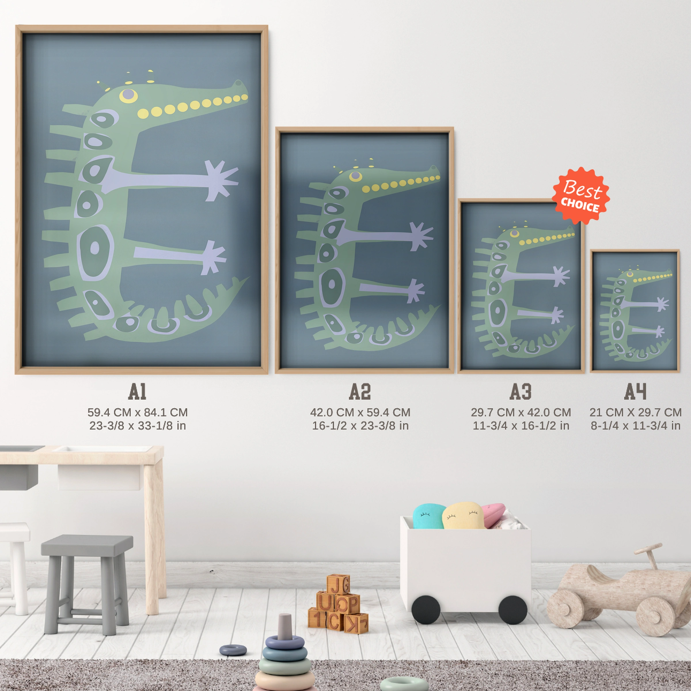 Crocodile Letter Nursery Print - size guide A4 A3 A2 A1 nursery print