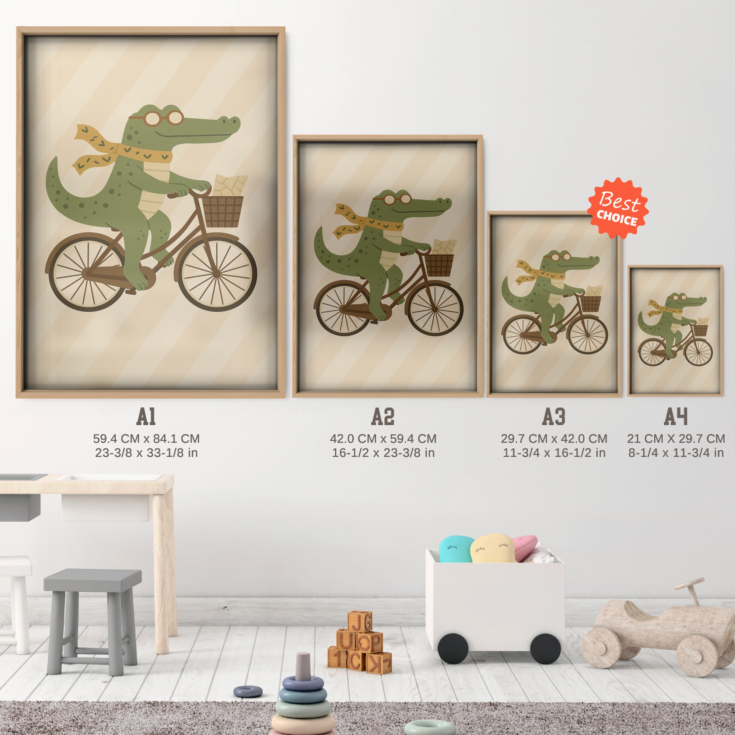 Crocodile on a Bicycle Nursery Print - size guide A4 A3 A2 A1 nursery print