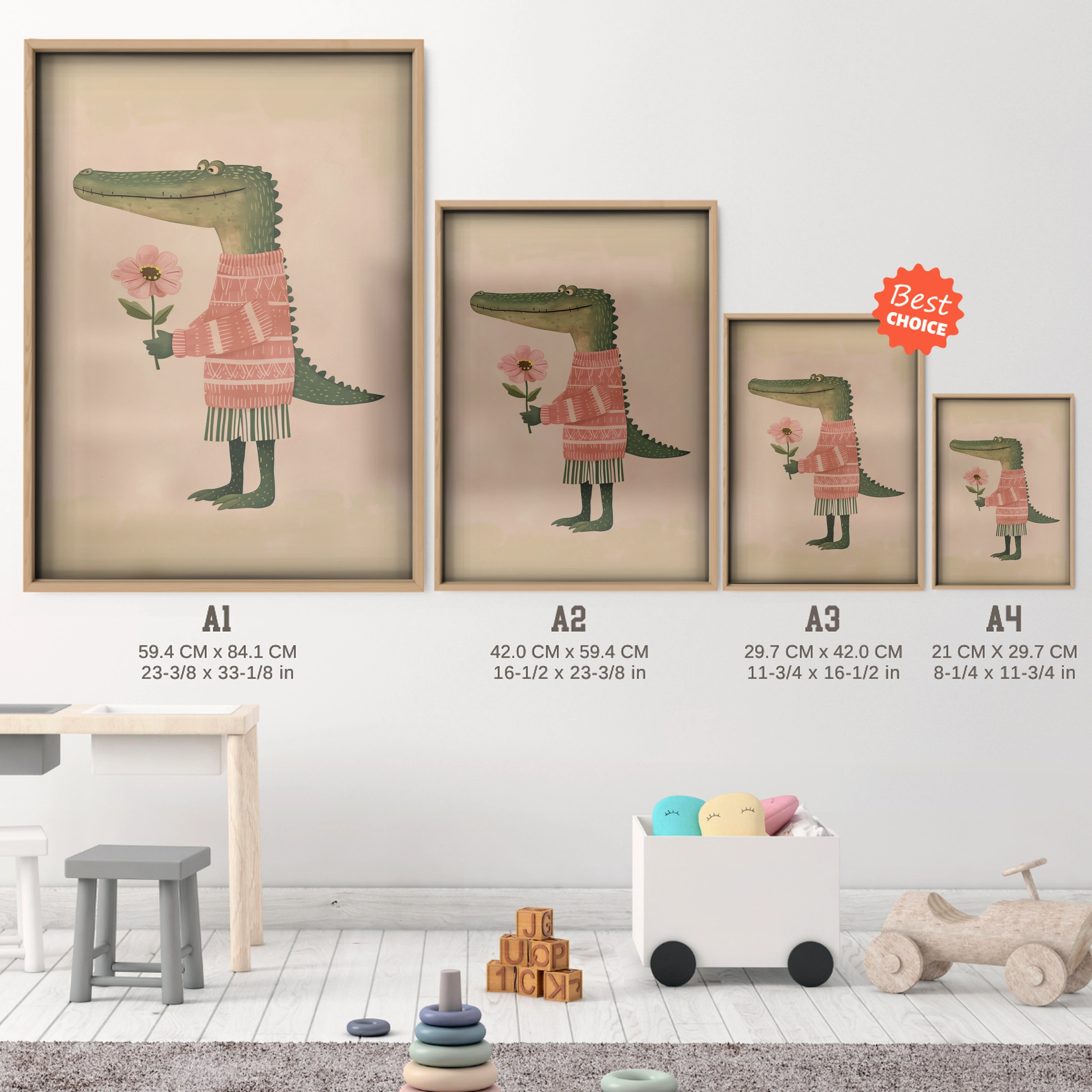 Crocodile with a Flower Nursery Print - size guide A4 A3 A2 A1 nursery print