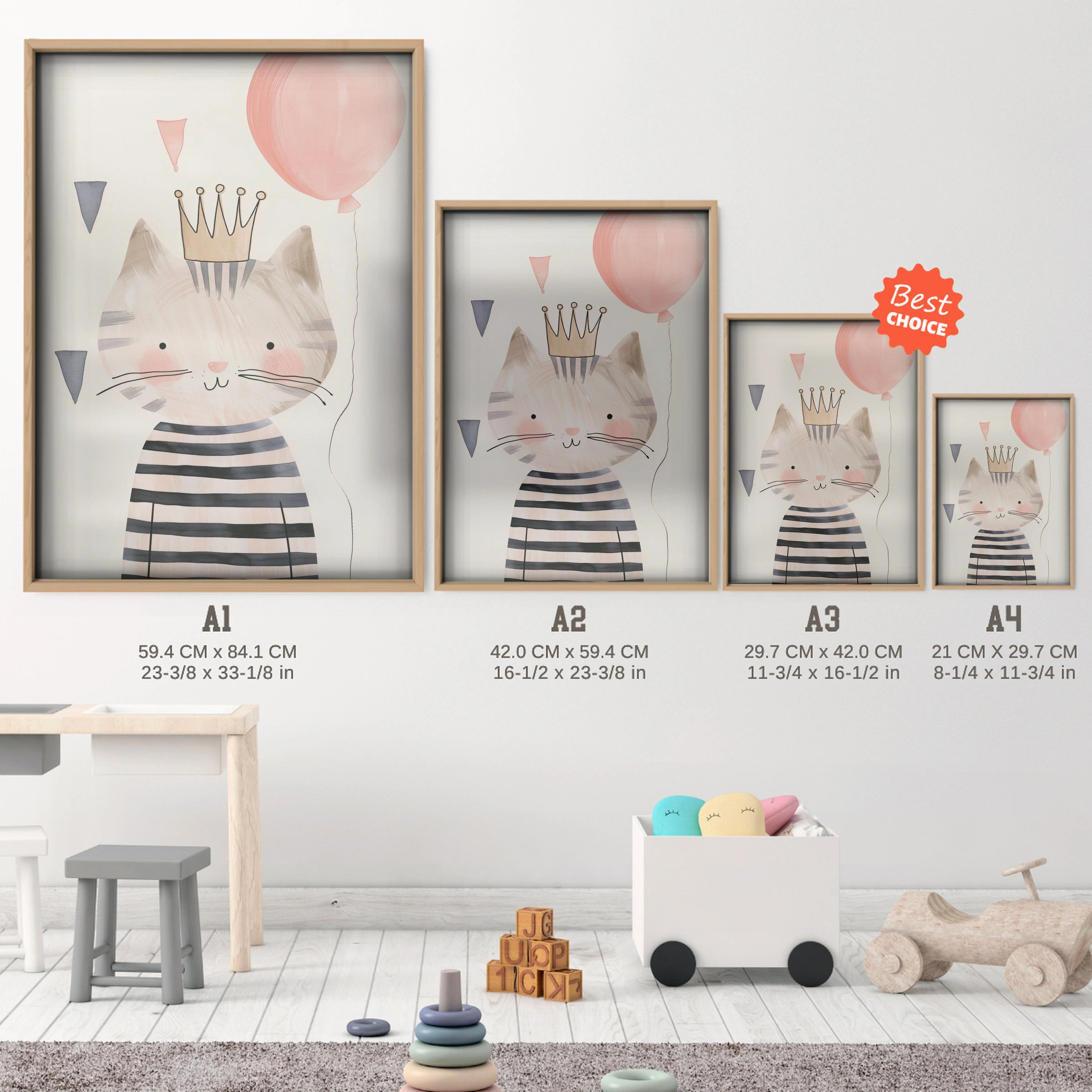 Crown Cat with a Balloon Nursery Print - size guide A4 A3 A2 A1 nursery print