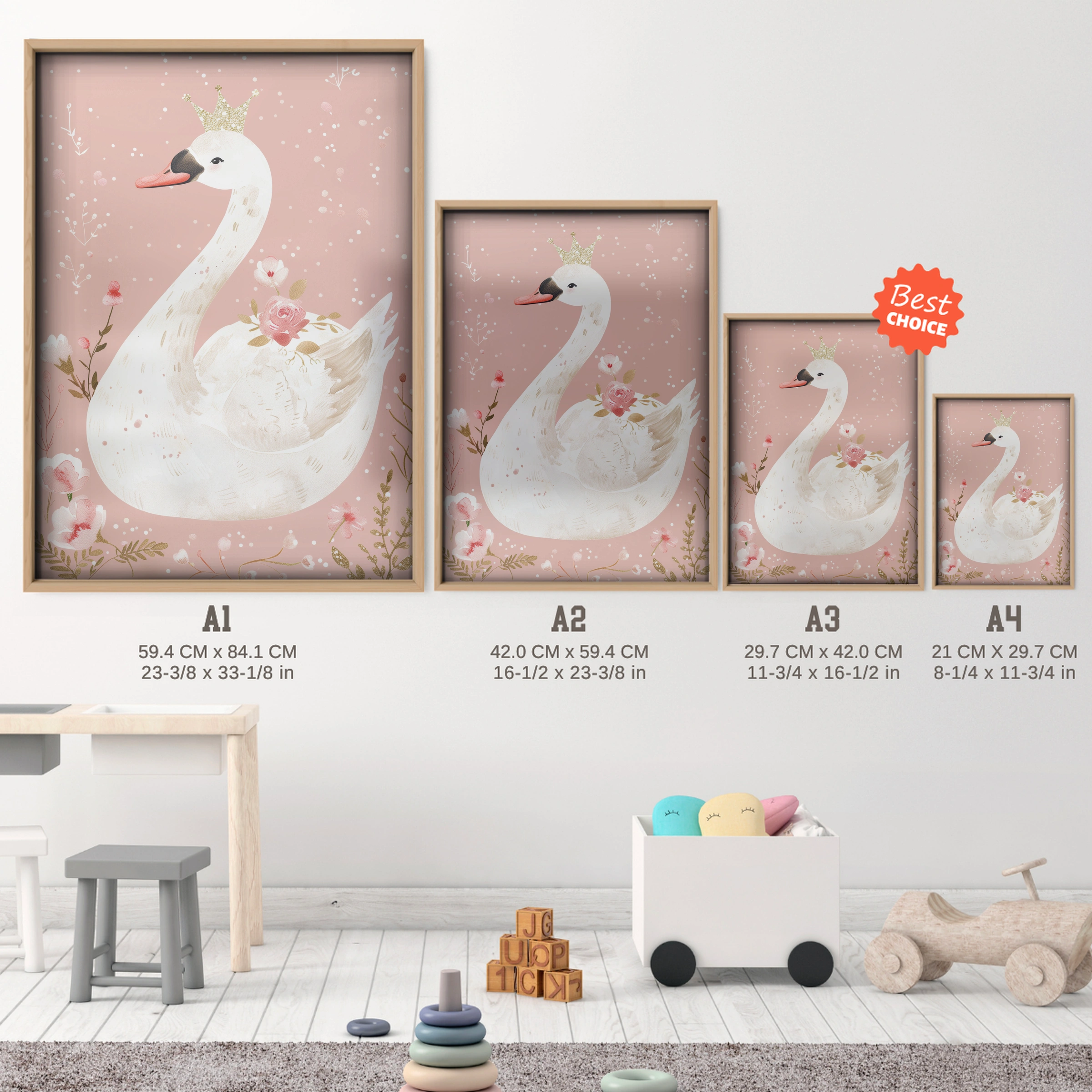 Crowned Swan Nursery Print - size guide A4 A3 A2 A1 nursery print
