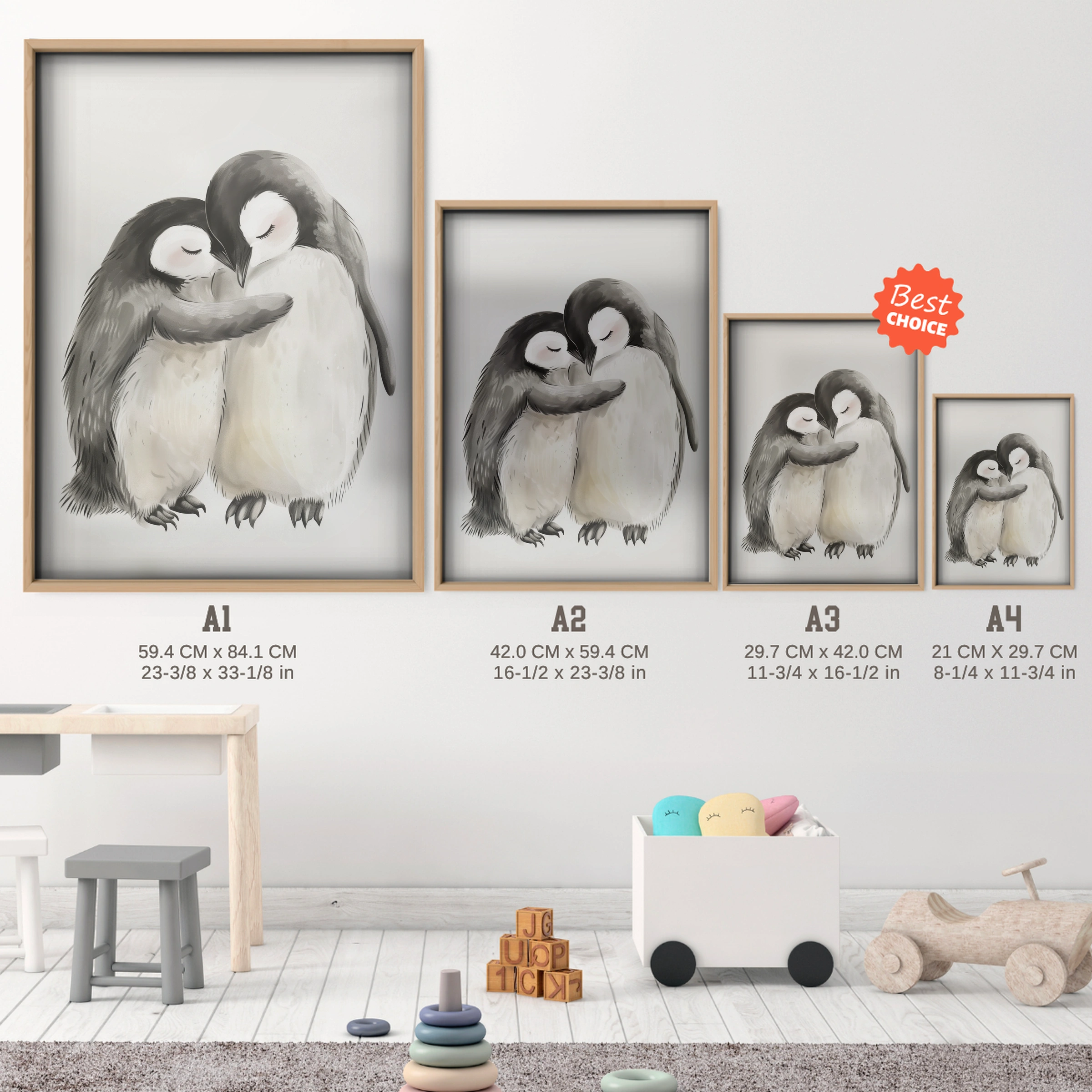 Cuddling Penguins Nursery Print - size guide A4 A3 A2 A1 nursery print