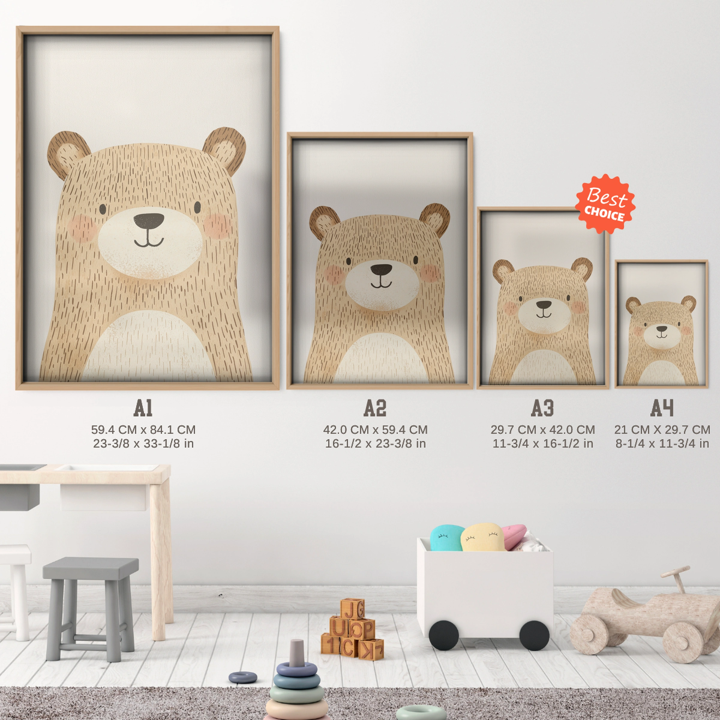 Cuddly Bear Nursery Print - size guide A4 A3 A2 A1 nursery print