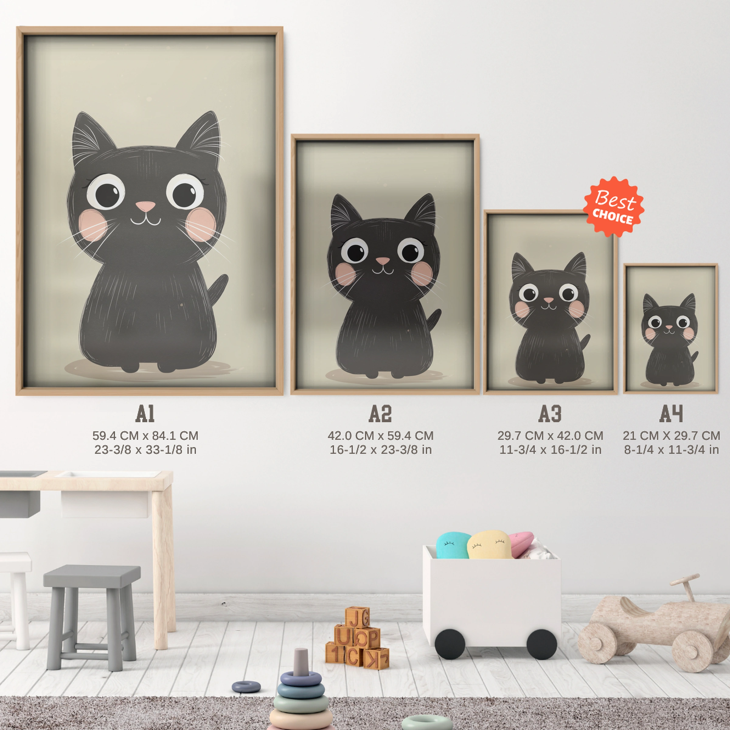 Curious Black Cat Nursery Print - size guide A4 A3 A2 A1 nursery print