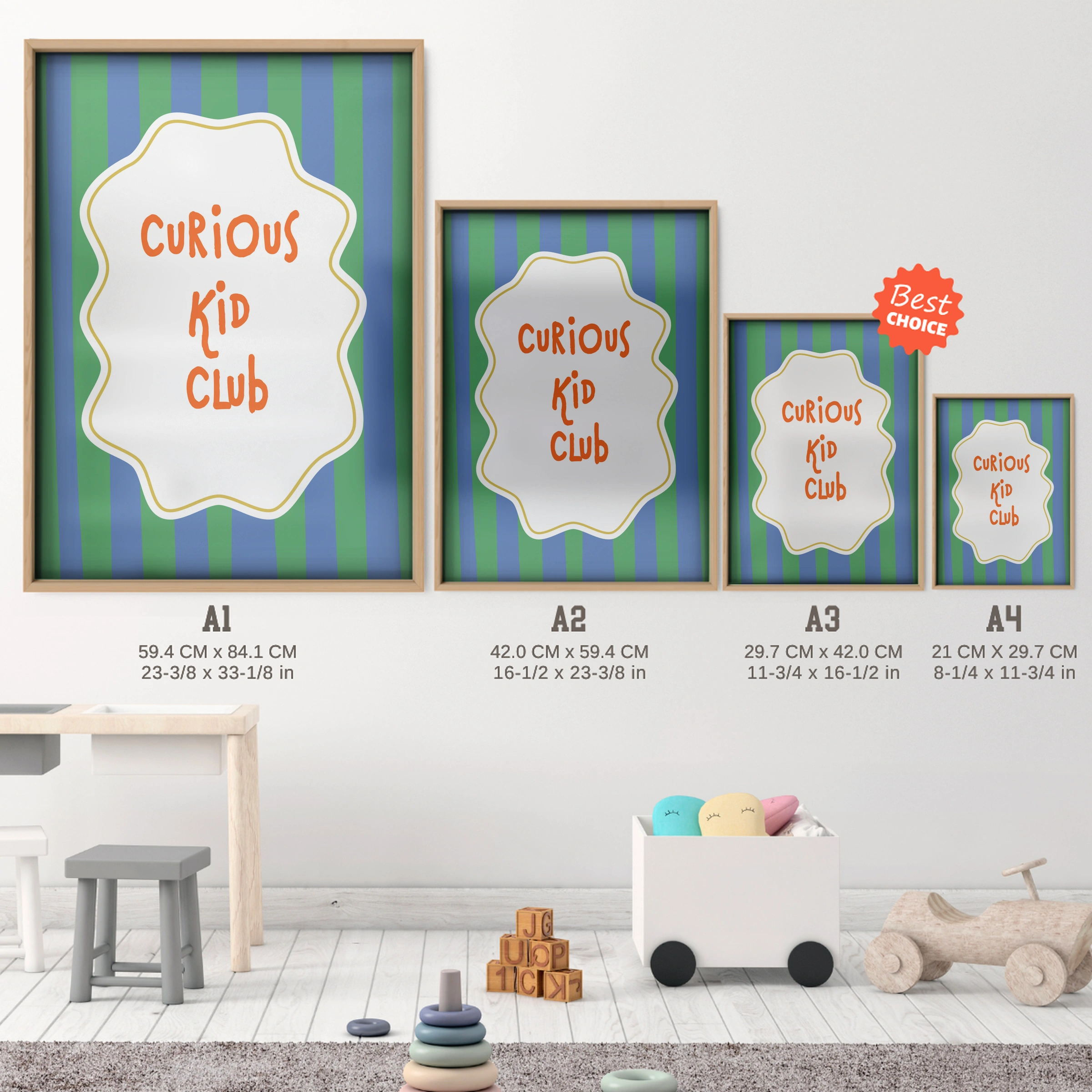 Curious Kid Club Nursery Print - size guide A4 A3 A2 A1 nursery print