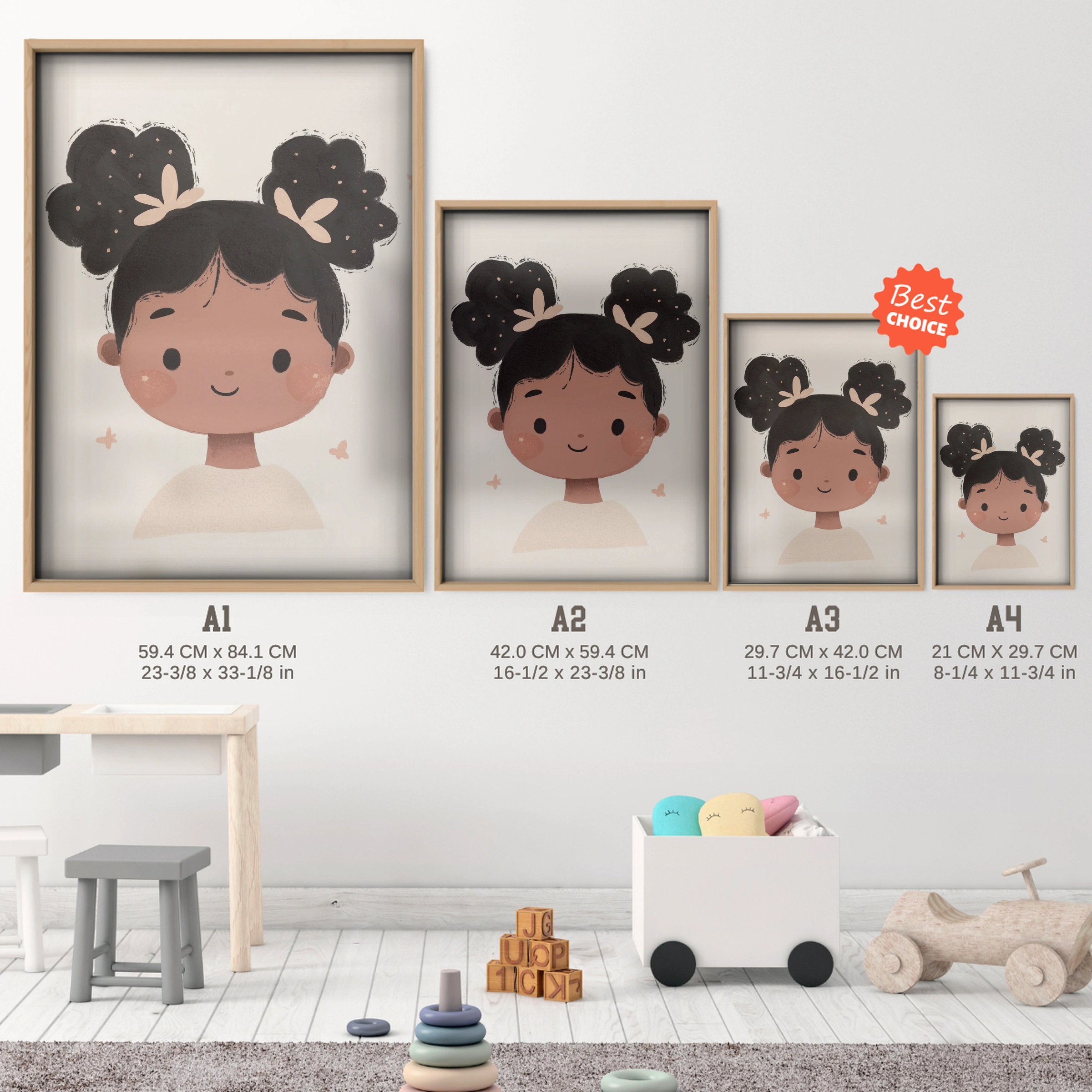 Curly Hair Girl Nursery Print - size guide A4 A3 A2 A1 nursery print